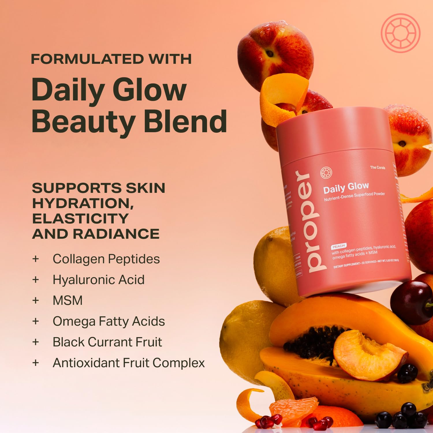 Proper, The Corals Daily Glow Beauty Blend - Nutrient Dense Superfood Powder with Collagen Peptides, Hyaluronic Acid Powder, Vitamin C, and MSM. Hair, Skin, Nail Vitamin Supplement for Women & Men ProperAu supplements