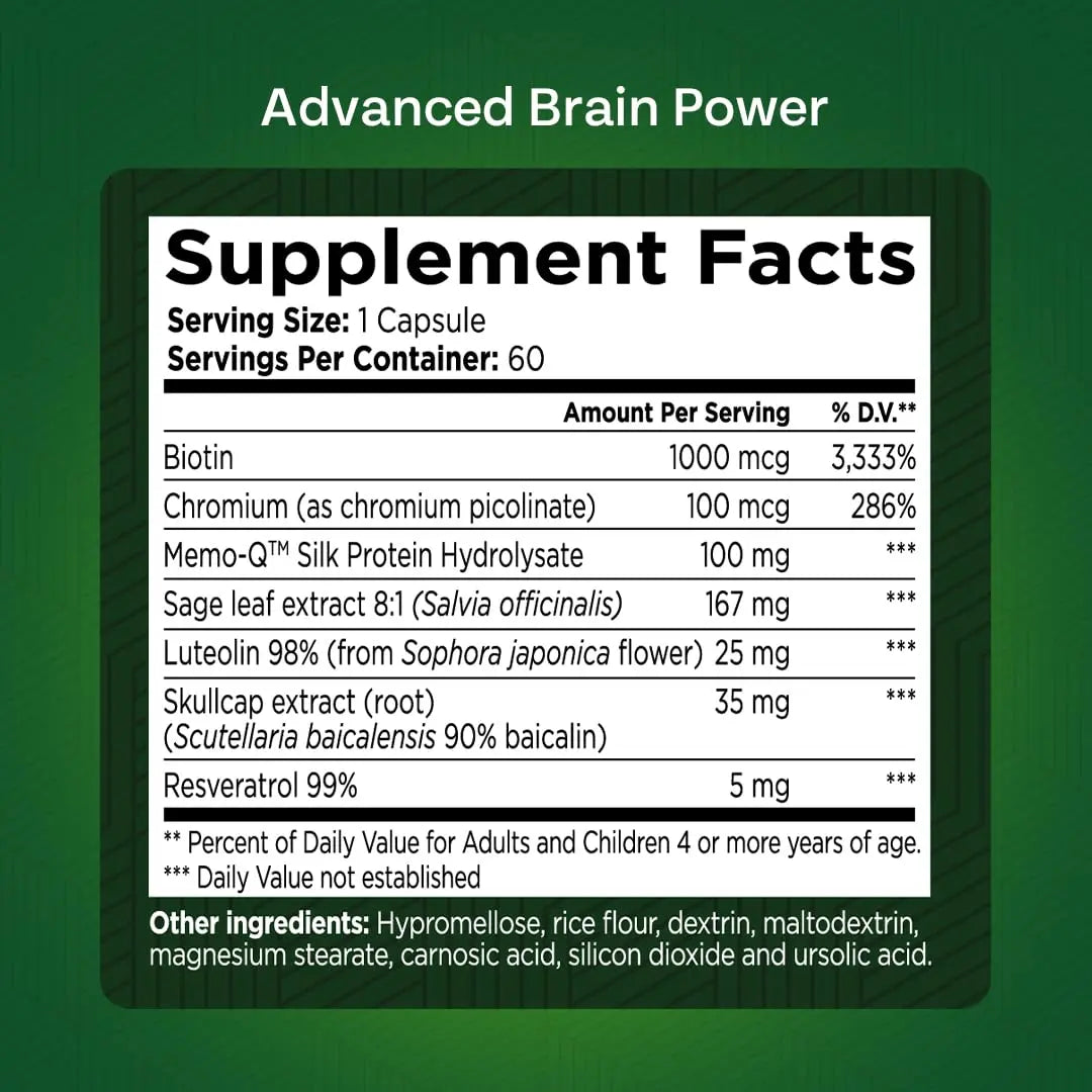 GREEN VALLEY NATURALS - Advanced Brain Power - Supports Healthy, Normal Brain Function, Focus and Concentration, clinically formulated to Support Healthy Brain Clarity. (1 Bottle, 60, Count) GREEN VALLEY NATURALSAu supplements