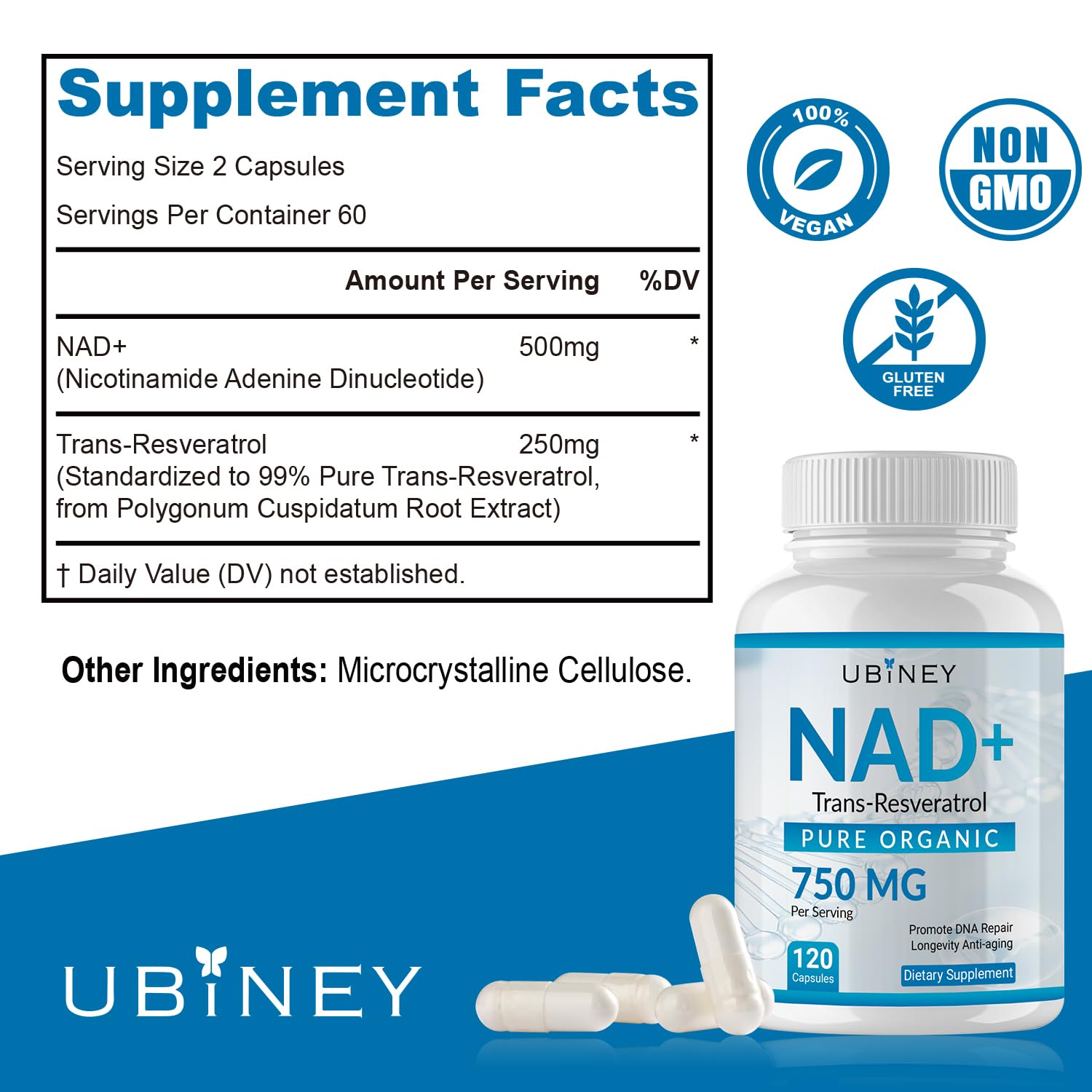 Ubiney NAD+ 750mg with Trans-Resveratrol – Pure Organic Nicotinamide Adenine Dinucleotide Supplement – DNA Repair, Cellular Energy, Anti-Aging Support – 120 Vegan Capsules, Non-GMO, Gluten-Free UbineyAu supplements