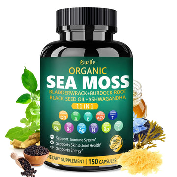 Bualle Irish Sea Moss Capsules – Organic Sea Moss, Black Seed Oil, Ashwagandha Supplements with Bladderwrack, Ginger & Burdock Root – Supports Daily Wellness, Skin & Energy – 150 Count (1 Pack) BualleAu supplements