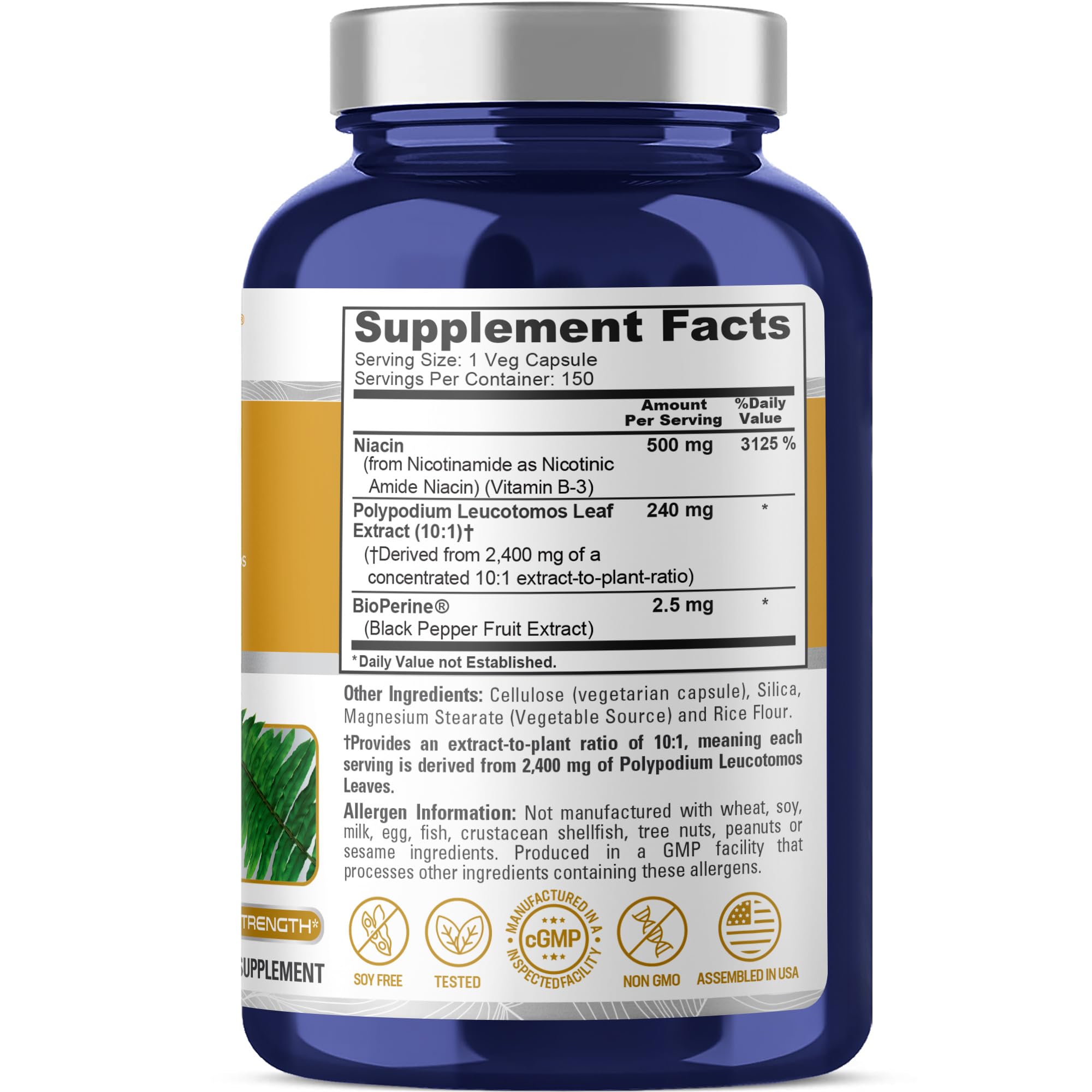 NusaPure Polypodium Nicotinamide 10:1 Extract, 240 mg Equivalent to 2,400 mg per Veg Caps - 150 Count (Non-GMO, Soyfree, Bioperine) NusaPureAu supplements