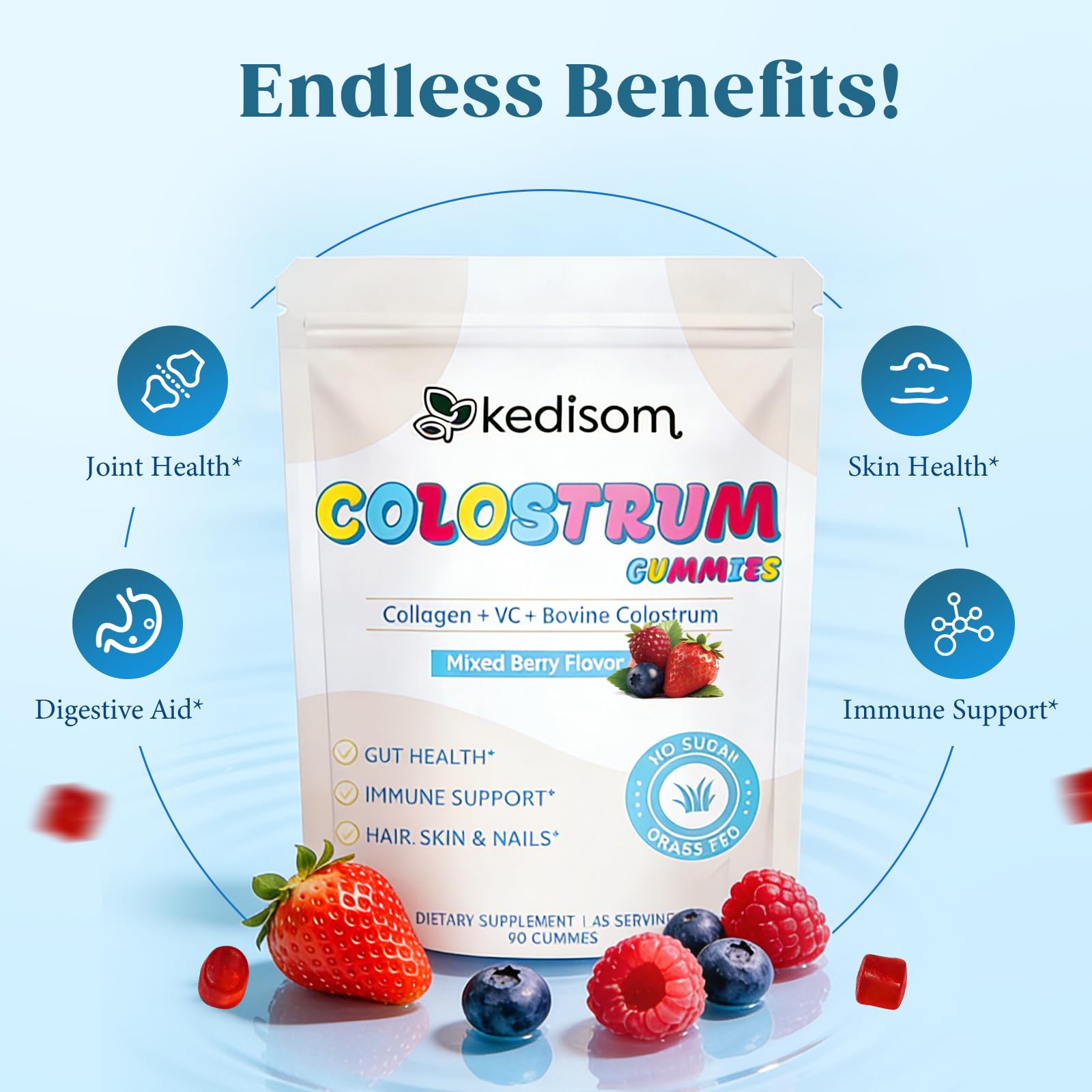 KEDISOM Colostrum Gummies, Grass Fed Colostrum Supplement, 90 Bovine Colostrum Gummies, 45 Servings, Mixed Berry, Sugar-Free KEDISOMAu supplements