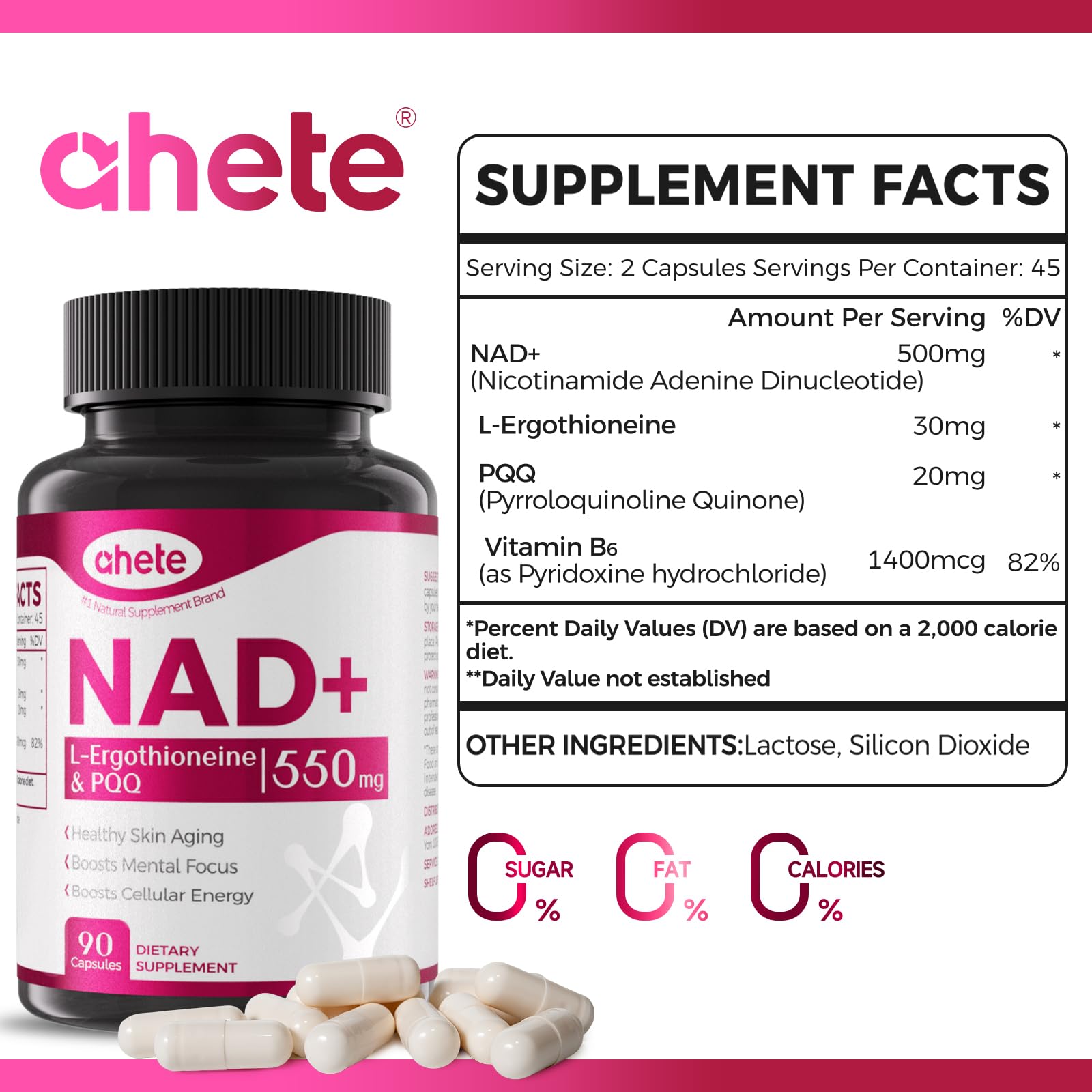 Ahete NAD Supplement with L-Ergothioneine, PQQ, Vitamin B6, and NMNH Supplement - for Cellular Health, Energy Support and Healthy Aging for Women & Men - Vegetarian, Non-GMO, Gluten Free- 90 Capsules AheteAu supplements