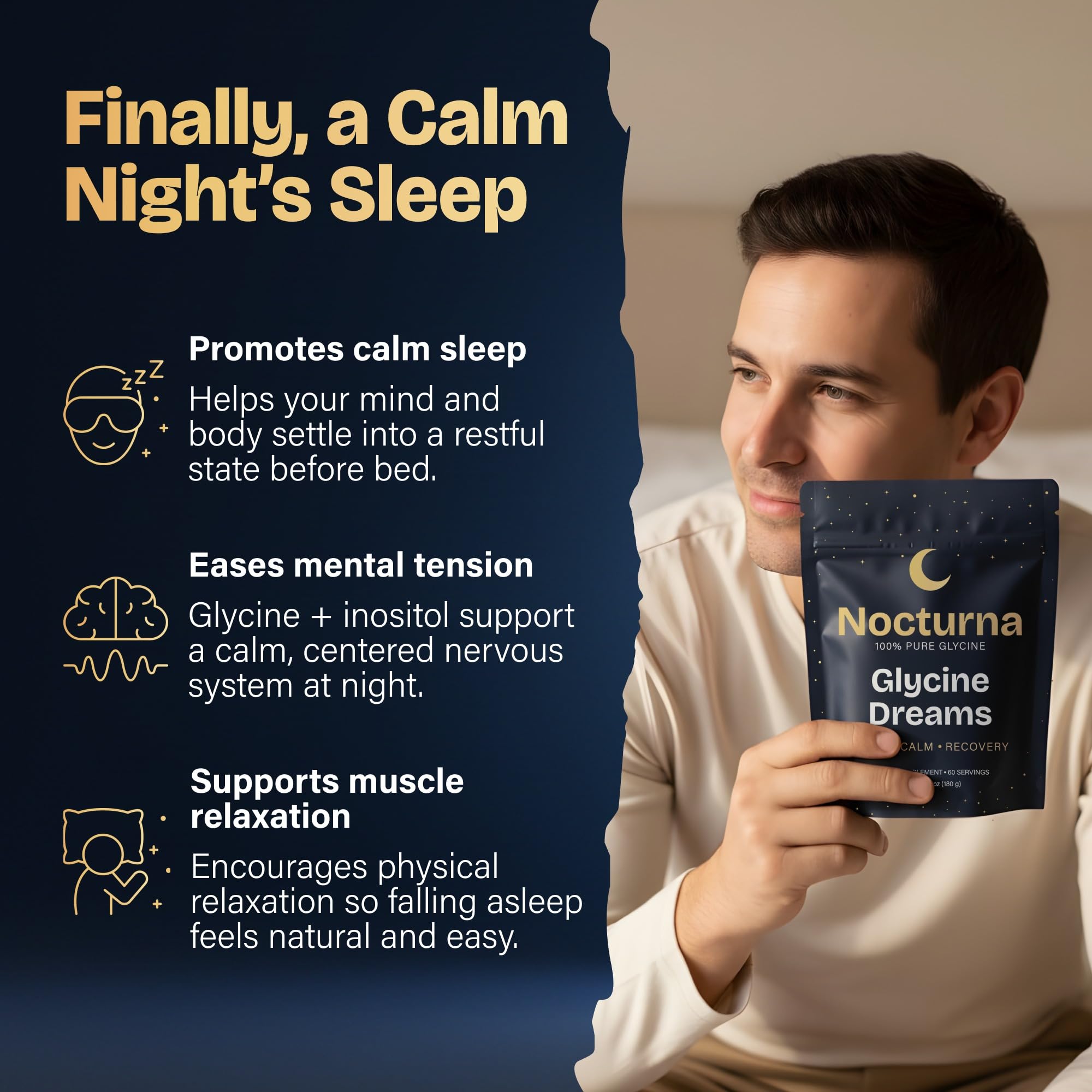 Nocturna Glycine Supplement – 100% Pure 3g Glycine Powder for Sleep, Calm & Recovery – USA Made Sleep Aid for Men & Women – Non-GMO & Completely Natural - 6.3Oz for 60 Servings NocturnaAu supplements