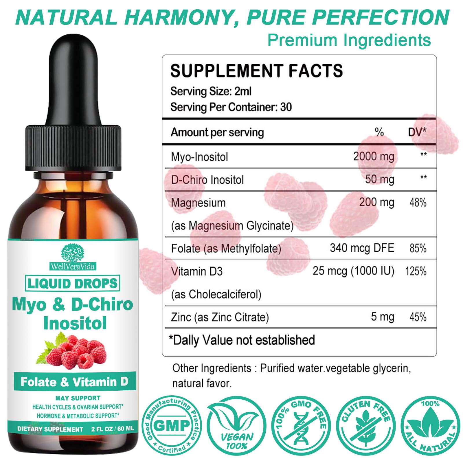Myo Inositol & D-Chiro Inositol Supplement Liquid for Women- Ideal 40:1 Ratio Inositol Drops with MTHF Folate, Magnesium, Vitamin D, Supports Hormone Balance, Regular Cycles & Ovarian Health丨Vegan WellVeraVidaAu supplements