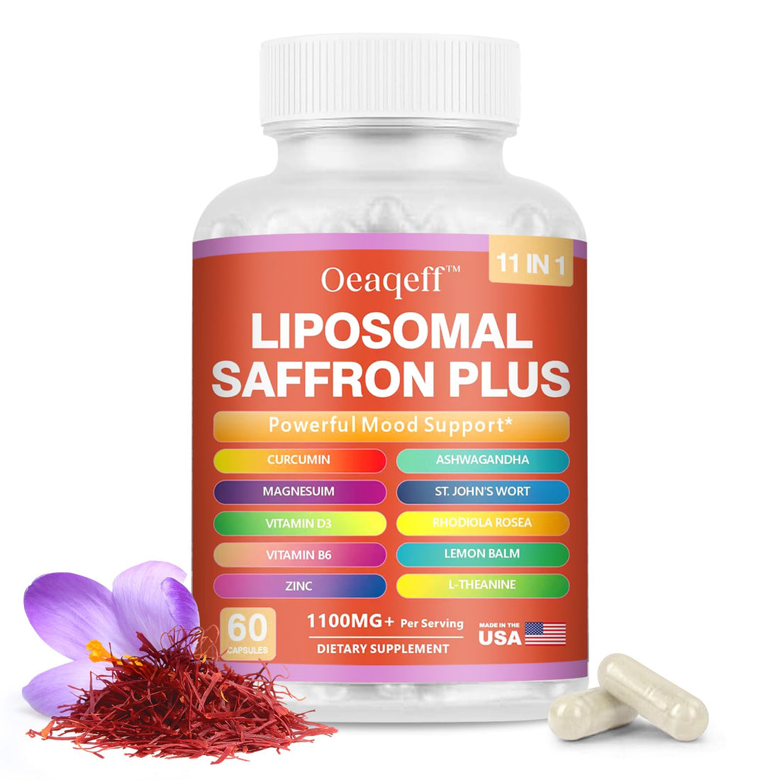 Oeaqeff Liposomal Saffron Supplements -11 in 1 100% Pure Saffron Extract 88.5 mg Maximum Absorption for Mood, Energy & Vision,Vegan, Non-GMO - 60 Vegan Capsules (1) OeaqeffAu supplements