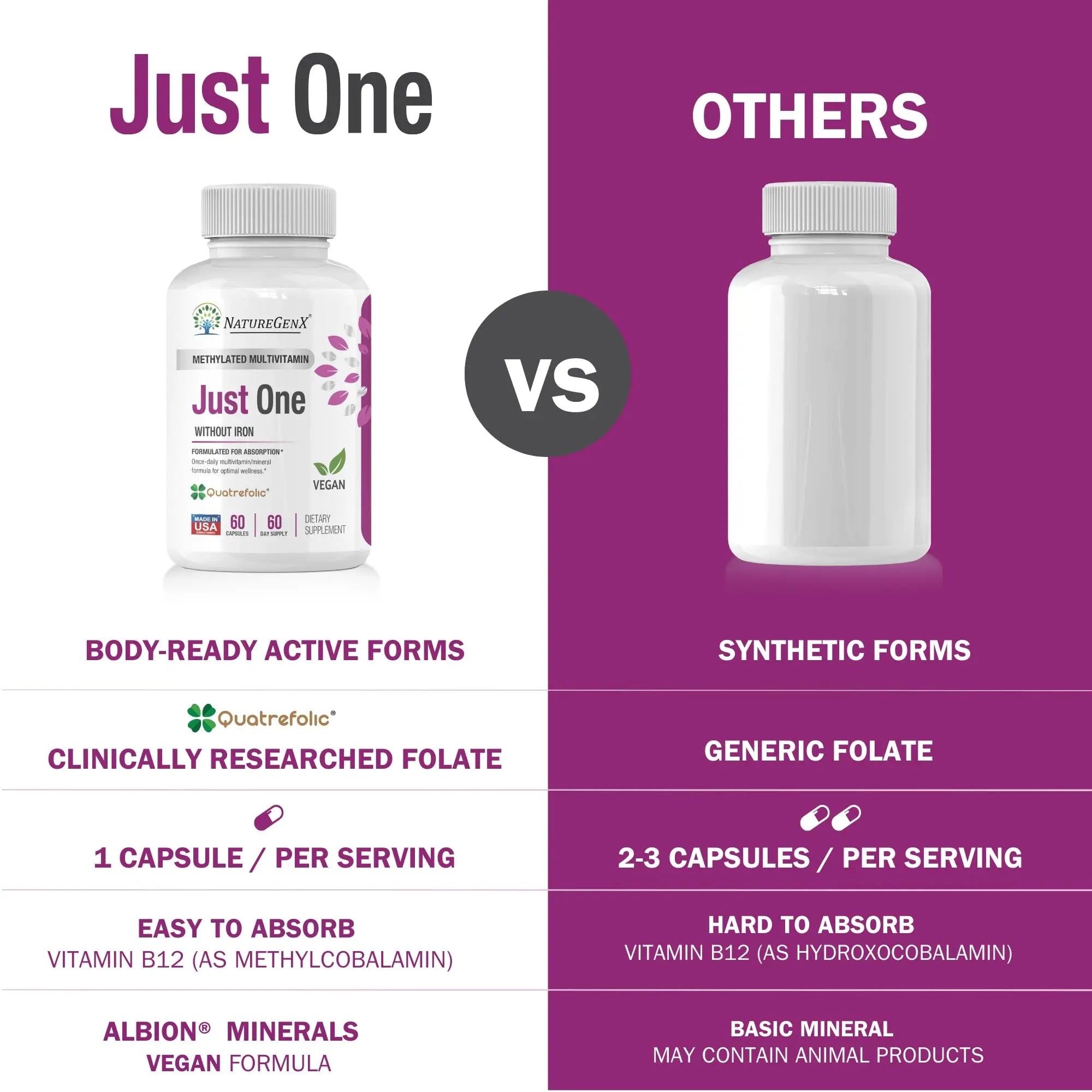 NatureGenX Just One Daily Methylated Multivitamin - 60 Caps Pure Methyl B12, Methylfolate MTHFR Support Supplement Iron Free Methylated Vitamins NatureGenXAu supplements