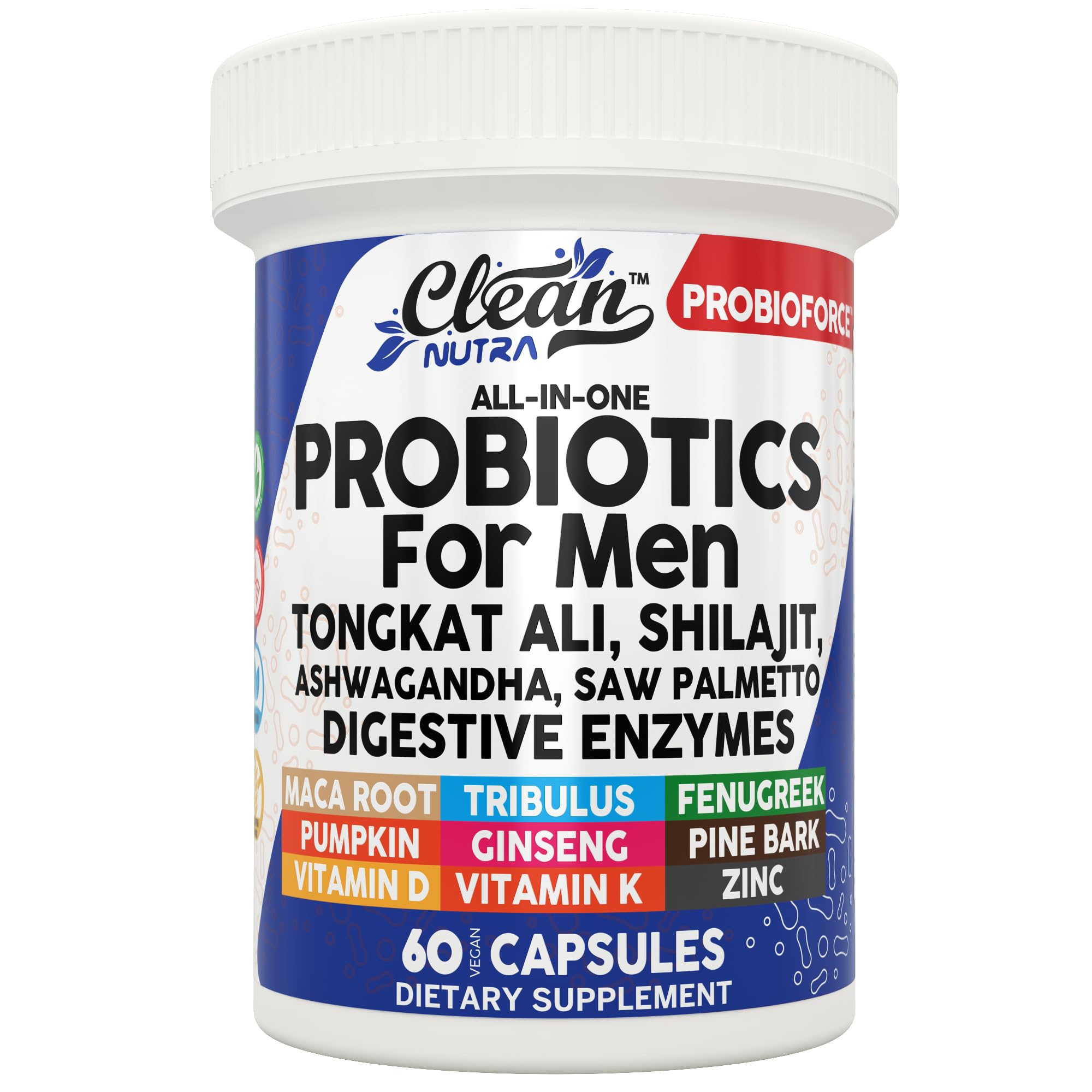 Clean Nutra Probiotics for Men | Tongkat Ali, Saw Palmetto, Tribulus, Ginseng, Ashwagandha, Maca, Pumpkin, Gingko Biloba, Pine Bark, Fenugreek, Shilajit, Zinc - Mens Probiotic 60 Capsules Clean NutraceuticalsAu supplements