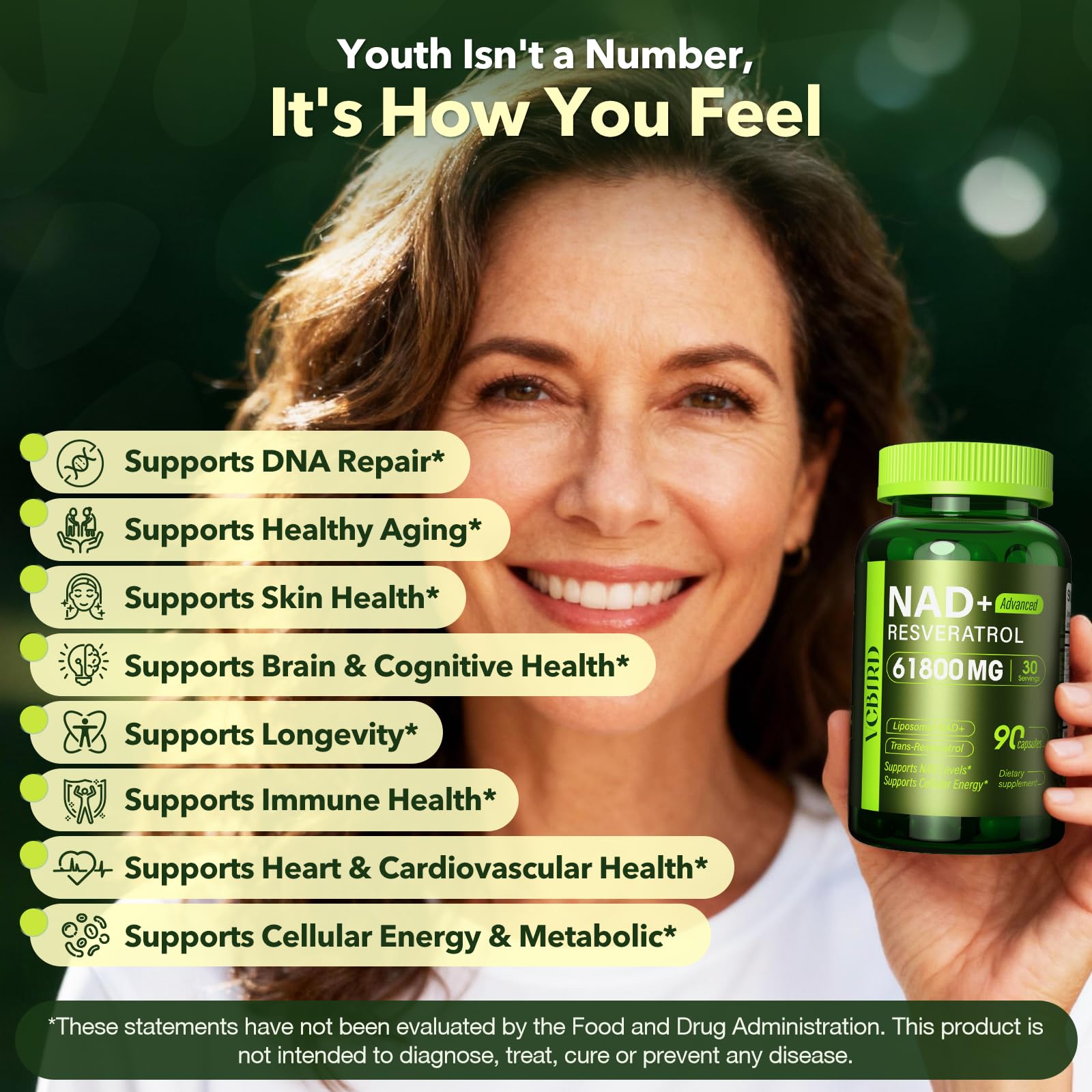 Nad Resveratrol Supplement 61800mg Per Bottle – Liposomal Nad+ Resveratrol for Women & Men – High Purity 1200mg Nad+ Supplement for Energy & Healthy Aging, Resveratrol, Quercetin, CoQ10 – 90 Counts VCBIRDAu supplements