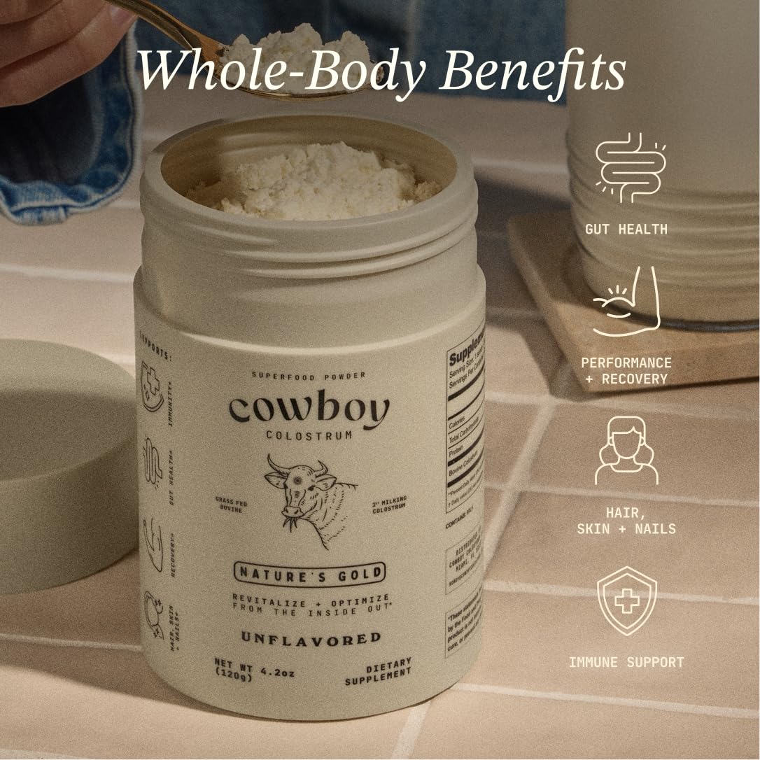 Cowboy - The Exclusive 1st Milking, Whole, Grass Fed Colostrum Supplement for Full Body Health - Bovine Colostrum Powder Packed w/Bioactive Nutrients - Sugar Free (Unflavored, 40 Servings) COWBOY COLOSTRUMAu supplements
