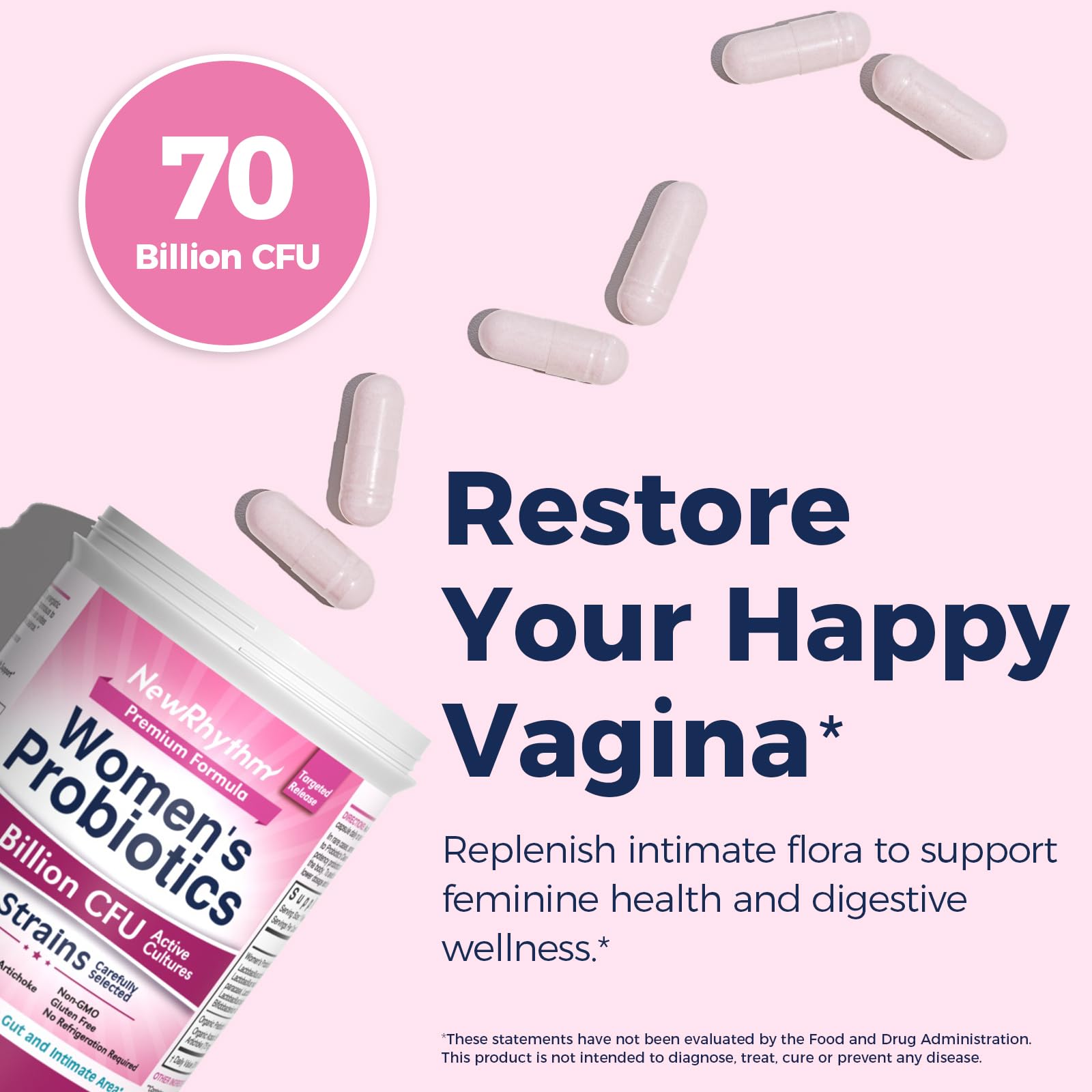 NewRhythm Women's Probiotics, Organic Prebiotics, 70 Billion CFU 10 Strains, Vaginal Probiotics for Urinary & Digestive Health, 30 Vegan Capsules, No Bloating NewRhythmAu supplements
