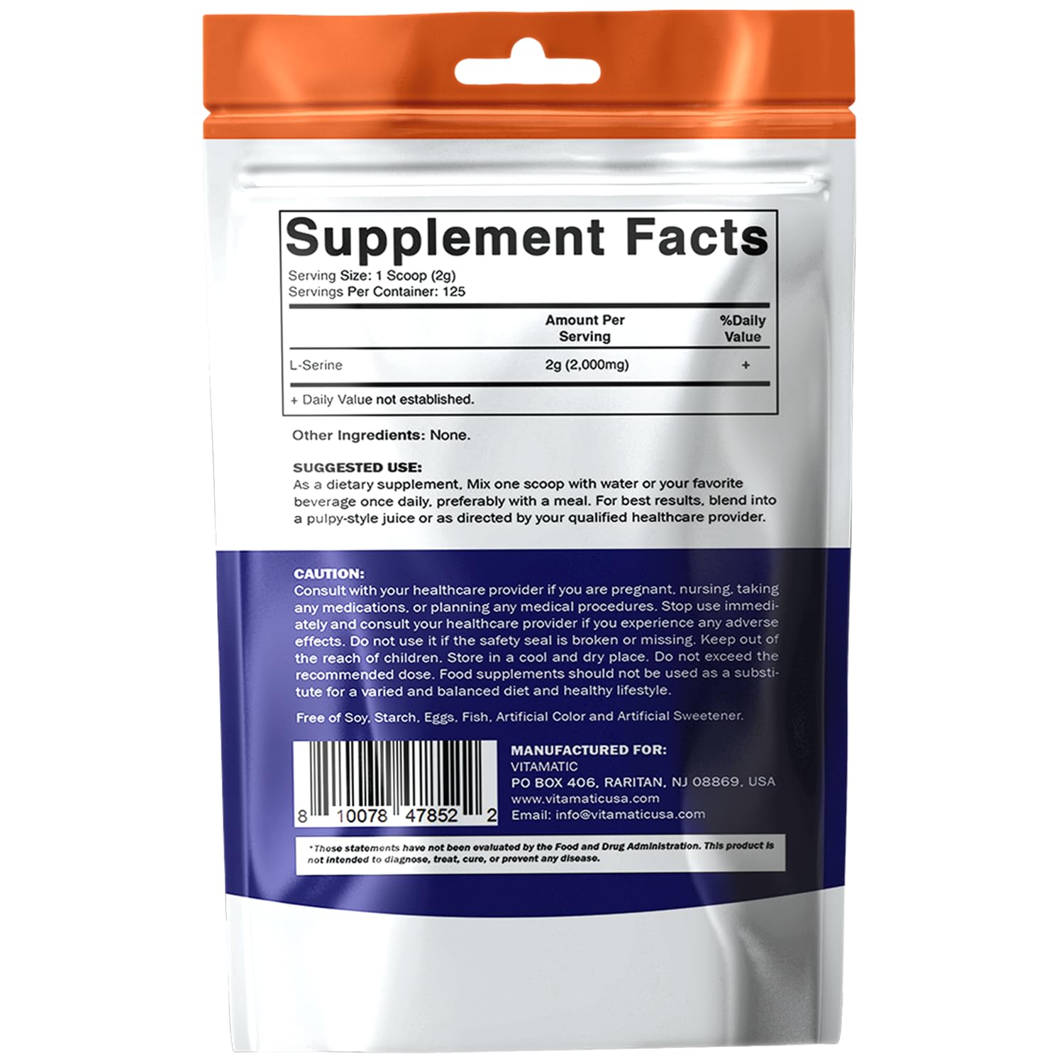 Vitamatic L-Serine Pure Powder 250 Gram | 2000 mg per Serving | 125 Servings | Unflavored | No Additives | Free of Soy, Eggs, Fish & Artificial Ingredients VitamaticAu supplements