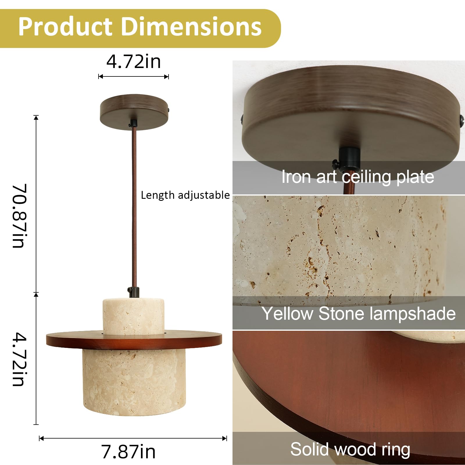 Nordic Pendant Light Natural Yellow Travertine Lamp Simple Wabi Sabi Lamp Suitable for Restaurant Bedside Kitchen Island Cafe Wood Pendant Light (Walnut Color) GenericAu supplements