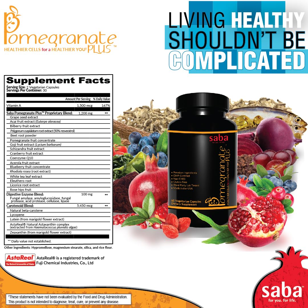 Saba Pomegranate Plus – Antioxidant Supplement with Astaxanthin & Adaptogens | Immune, Skin, Heart & Brain Support | Daily Stress & Cellular Wellness | 60 Capsules SabaAu supplements
