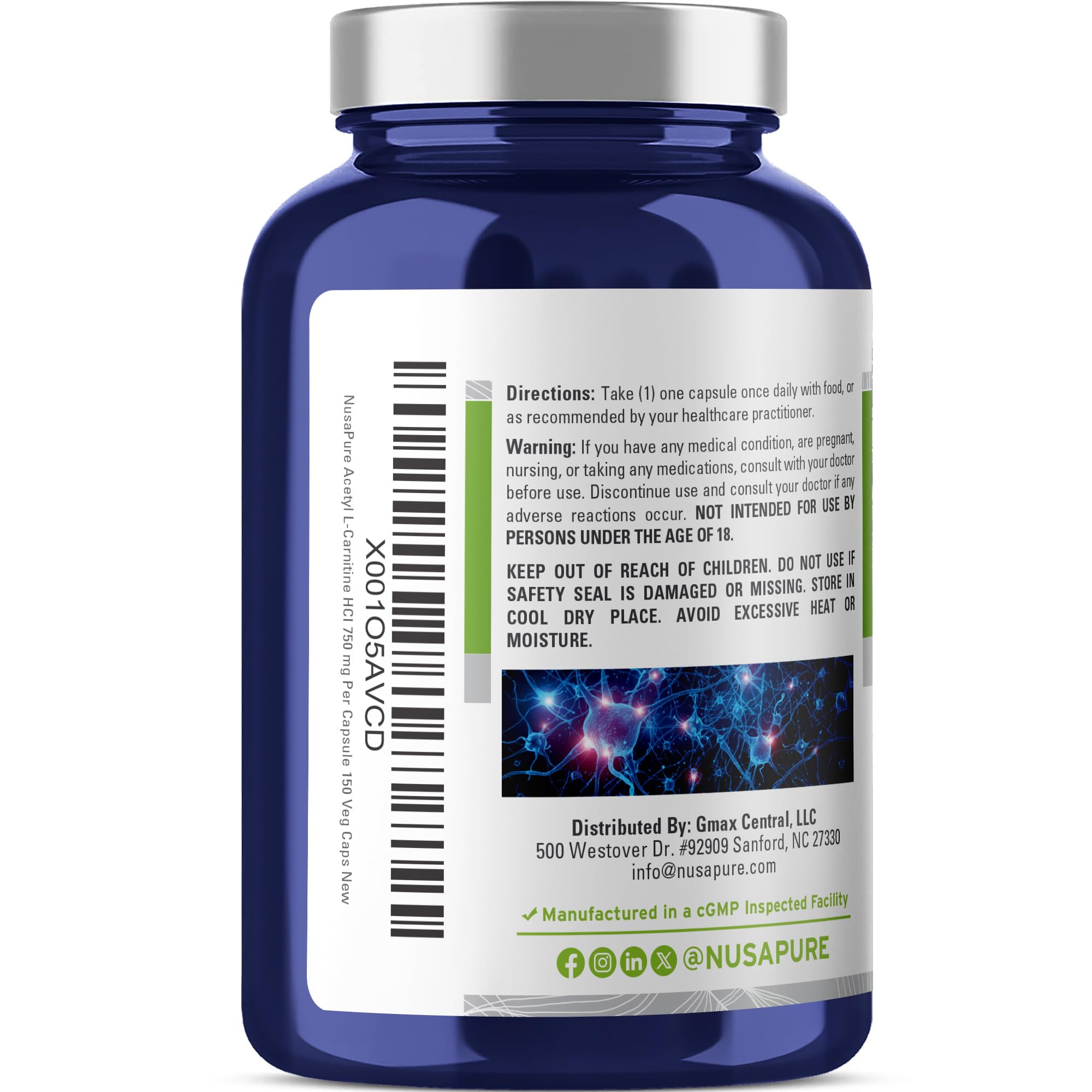 NusaPure Acetyl L-Carnitine 750mg per Caps 150 Veggie Capsules (Non-GMO, Vegan) High Potency Acetyl L Carnitine HCL (ALCAR) NusaPureAu supplements