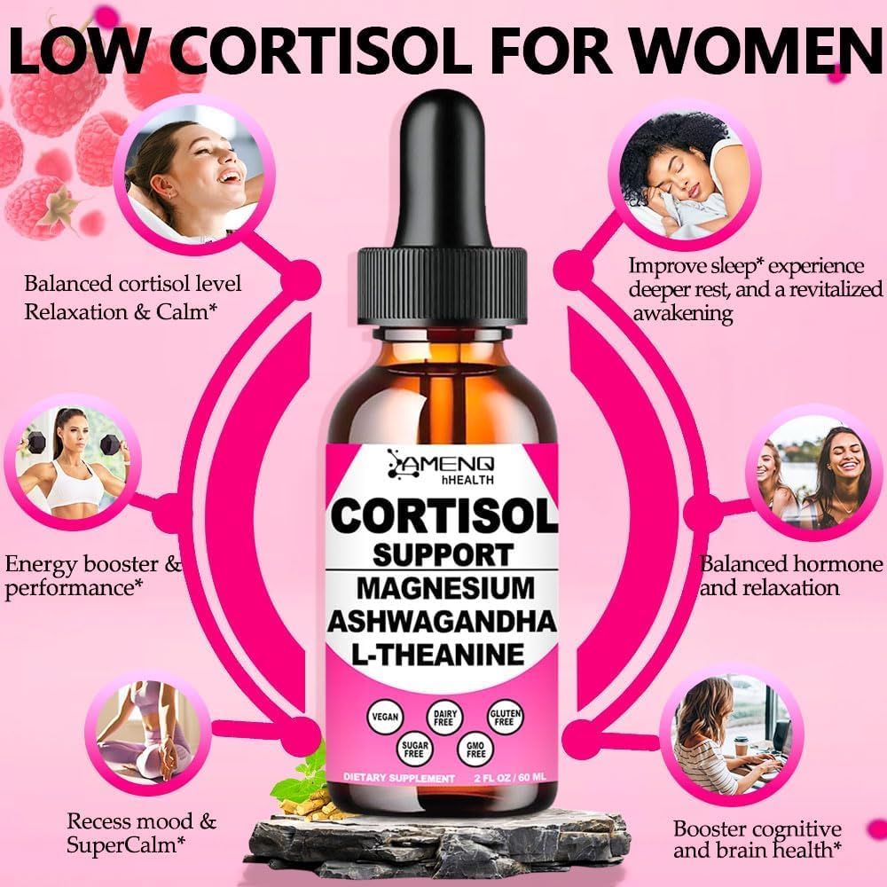Cortisol Supplement Liquid Drops, 17-in-1 Cortisol Reducer w. Ksm-66 Ashwagandha Theanine Rhodiola Rosea Magnesium Phosphatidylserine, Hormone Balanced & Lower Cortisol for Women Calm* Relaxation AMENQ hHEALTHAu supplements