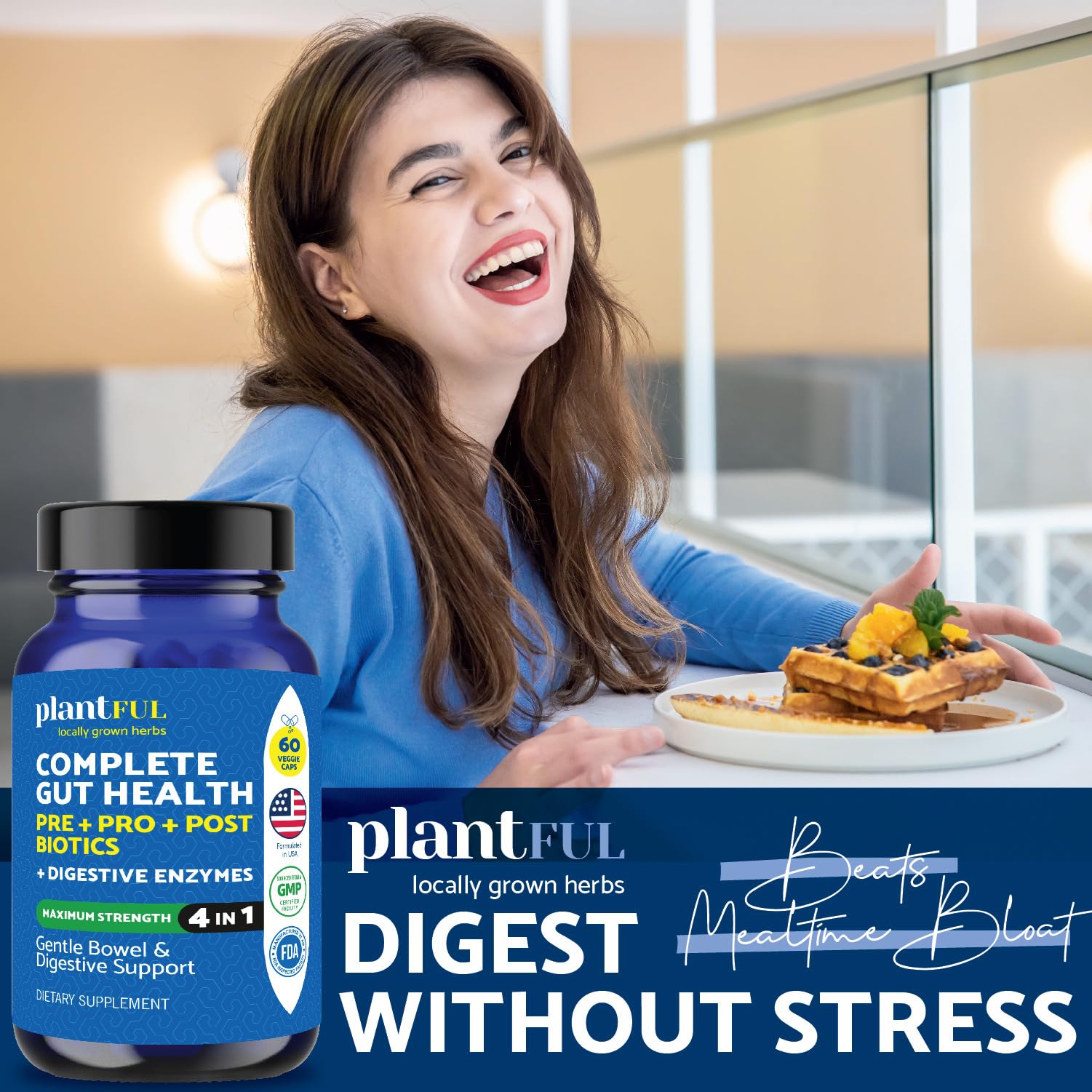 4-in-1 Pre Post Probiotics & Digestive Enzymes - Complete Gut Health & Digestive Support for Women & Men - Prebiotic Probiotic & Postbiotic Gas & Bloating Relief – 60 Non GMO Capsules PLANTFUL RESEARCHAu supplements