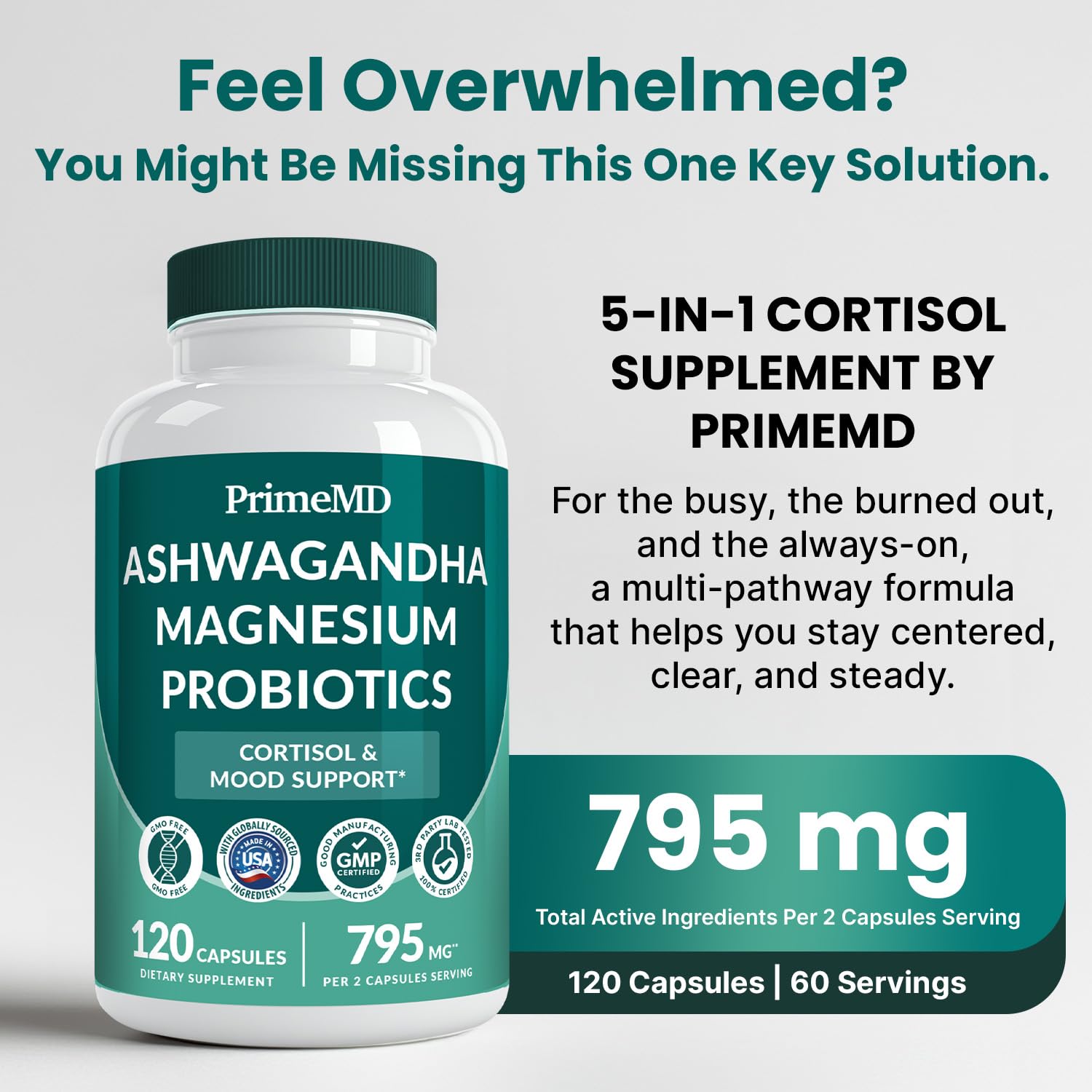 5-in-1 Cortisol Supplement for Women and Men with Ashwagandha for Calmness, Focus, and Adrenal Support Supplements with Shilajit Extract, Magnesium Glycinate, Probiotics (120 ct) (Pack of 1) PrimeMDAu supplements