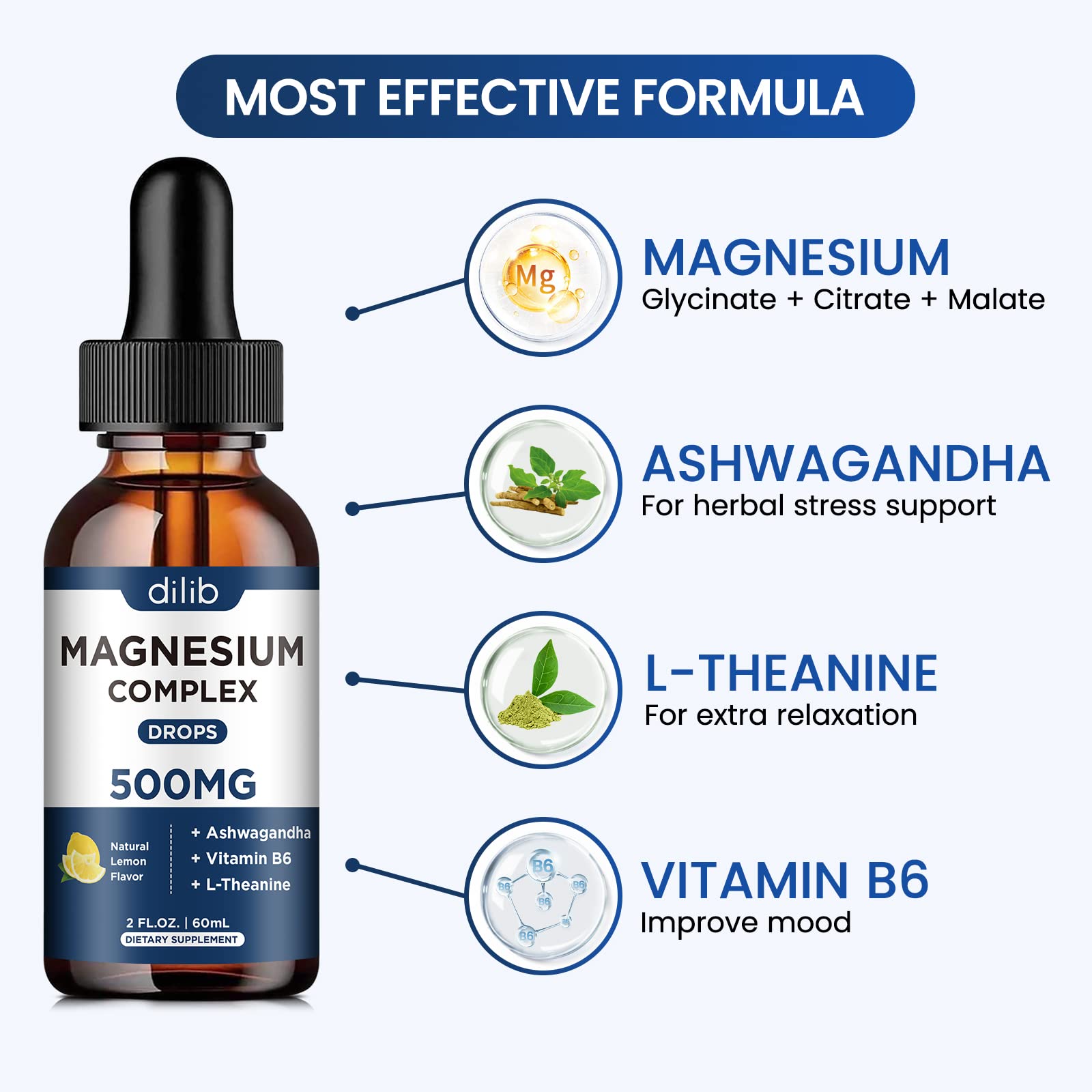 Magnesium Glycinate Liquid Drops, Triple Magnesium Complex Supplement with Citrate, Malate 500mg Ashwagandha, L-Theanine, Vitamin B6 for Sleep, Calm, Stress Relief, Bone, Muscle, Mood - Lemon Flavor dilibAu supplements