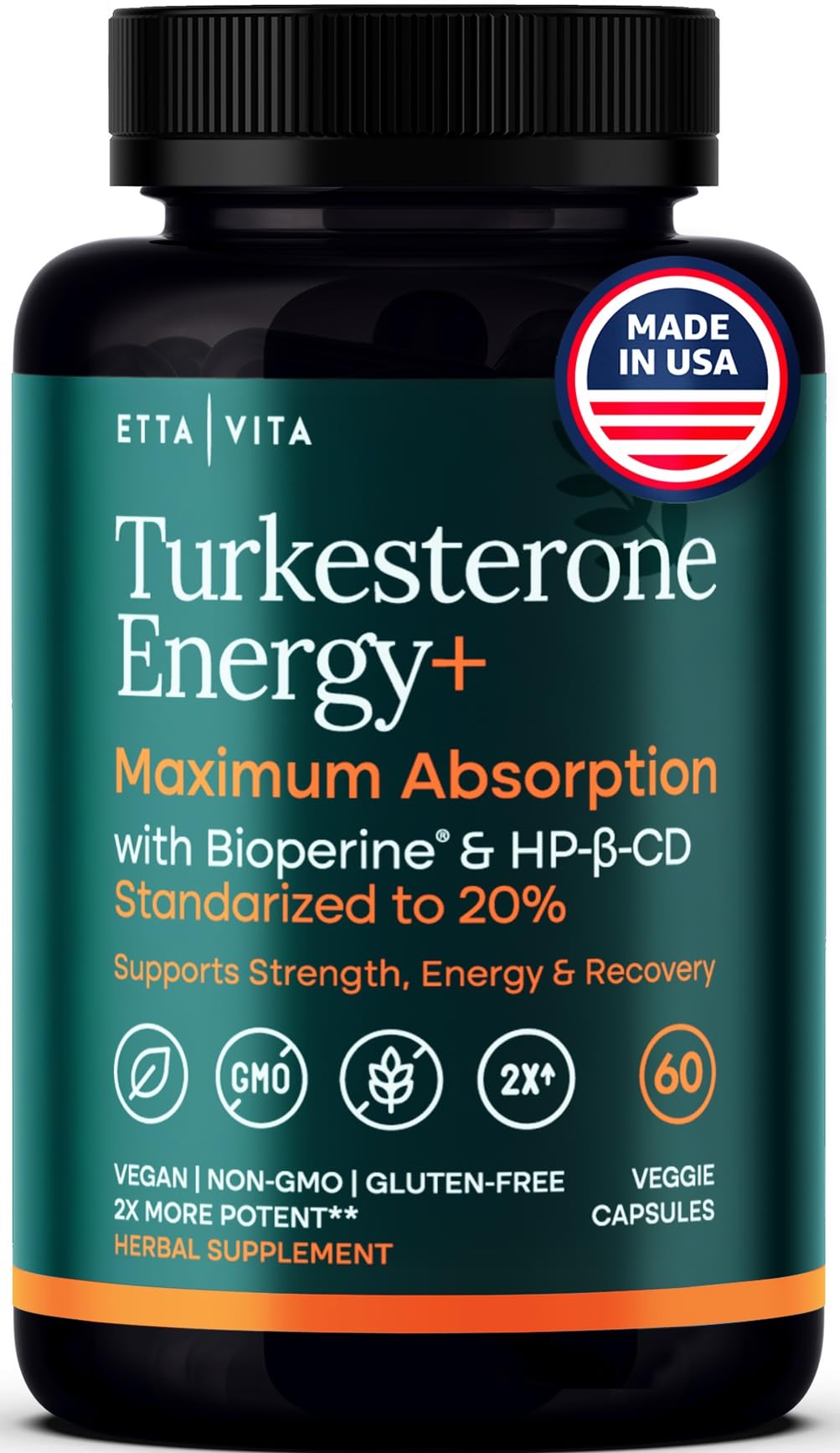 Potent Turkesterone Supplement, 2X Pure (Made in USA - 3rd Party Tested) Most Bioavailable and Natural Test Support Supplement, Supports Energy Lean Muscle Health, Recovery and Stamina, Vegan (60ct) Etta VitaAu supplements