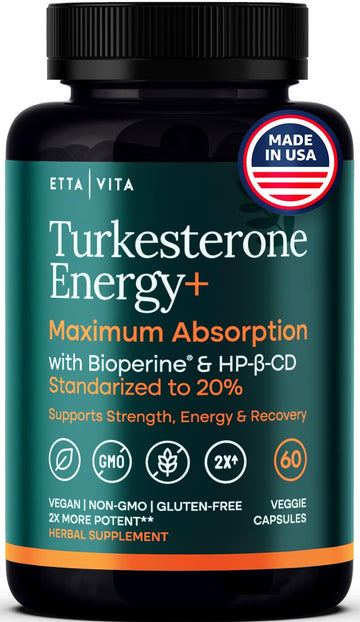 Potent Turkesterone Supplement, 2X Pure (Made in USA - 3rd Party Tested) Most Bioavailable and Natural Test Support Supplement, Supports Energy Lean Muscle Health, Recovery and Stamina, Vegan (60ct) Etta VitaAu supplements
