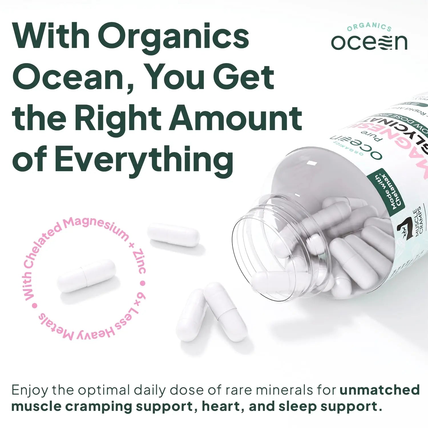 Organics Ocean Pure Magnesium Glycinate with Zinc - Maximum Strength Chelated Magnesium Supplement for Women and Men for Muscle Cramps and Sleep Support - 90 Capsule Organics Oceannz supplements