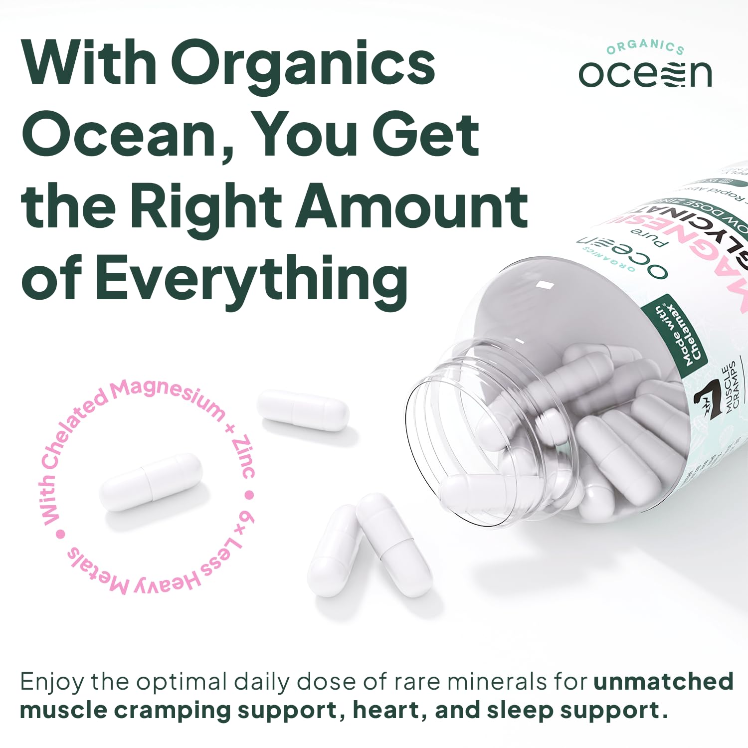 Organics Ocean Pure Magnesium Glycinate with Zinc - Maximum Strength Chelated Magnesium Supplement for Women and Men for Muscle Cramps and Sleep Support - 3 Bottles Organics OceanAu supplements