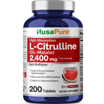 NusaPure L-Citrulline 2,400mg 200 Vegetarian Tablets (Non-GMO, Gluten Free) NusaPureUS supplements
