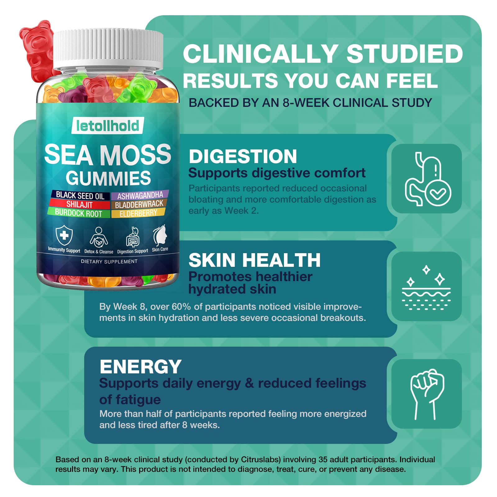 Sea Moss Gummies - Irish Sea Moss Gummies Advanced for Adults with Ashwagandha Bladderwrack & Burdock Root for Supports Immune，Energy - 60 Vegan Gummy,2PCS letollholdAu supplements
