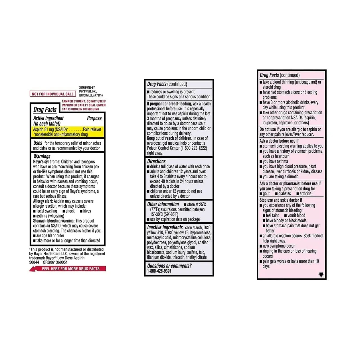 Sam's West Member's Mark Low Strength Adults Enteric Safety Coated Aspirin Regimen Tablets Pain Reliever NSAID, 81 mg, 2 Bottles, 730 Tablets MEMBER´S MARKAu supplements