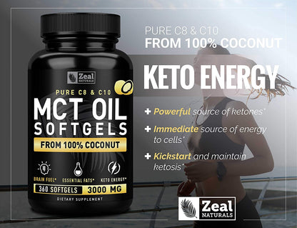 Pure MCT Oil Capsules (360 Softgels | 3000mg) 4 Month Supply Keto Pills w Unrefined Coconut Zeal NaturalsUS supplements