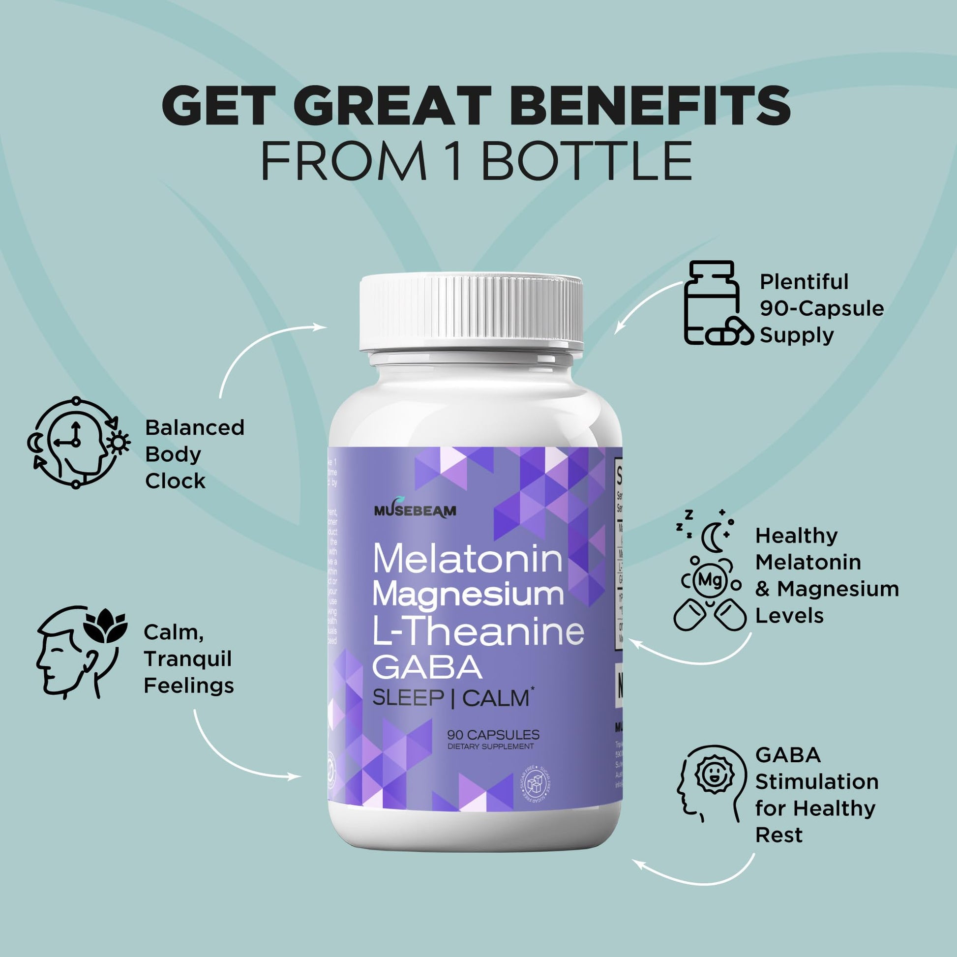 MuseBeam Magnesium Glycinate 275mg Melatonin 5mg L-Theanine 200mg GABA 100mg Capsules - Full Rest Nighttime Bedtime Support Supplement for Men Women - Vegan Sugar-Free Gluten-Free musebeamAu supplements