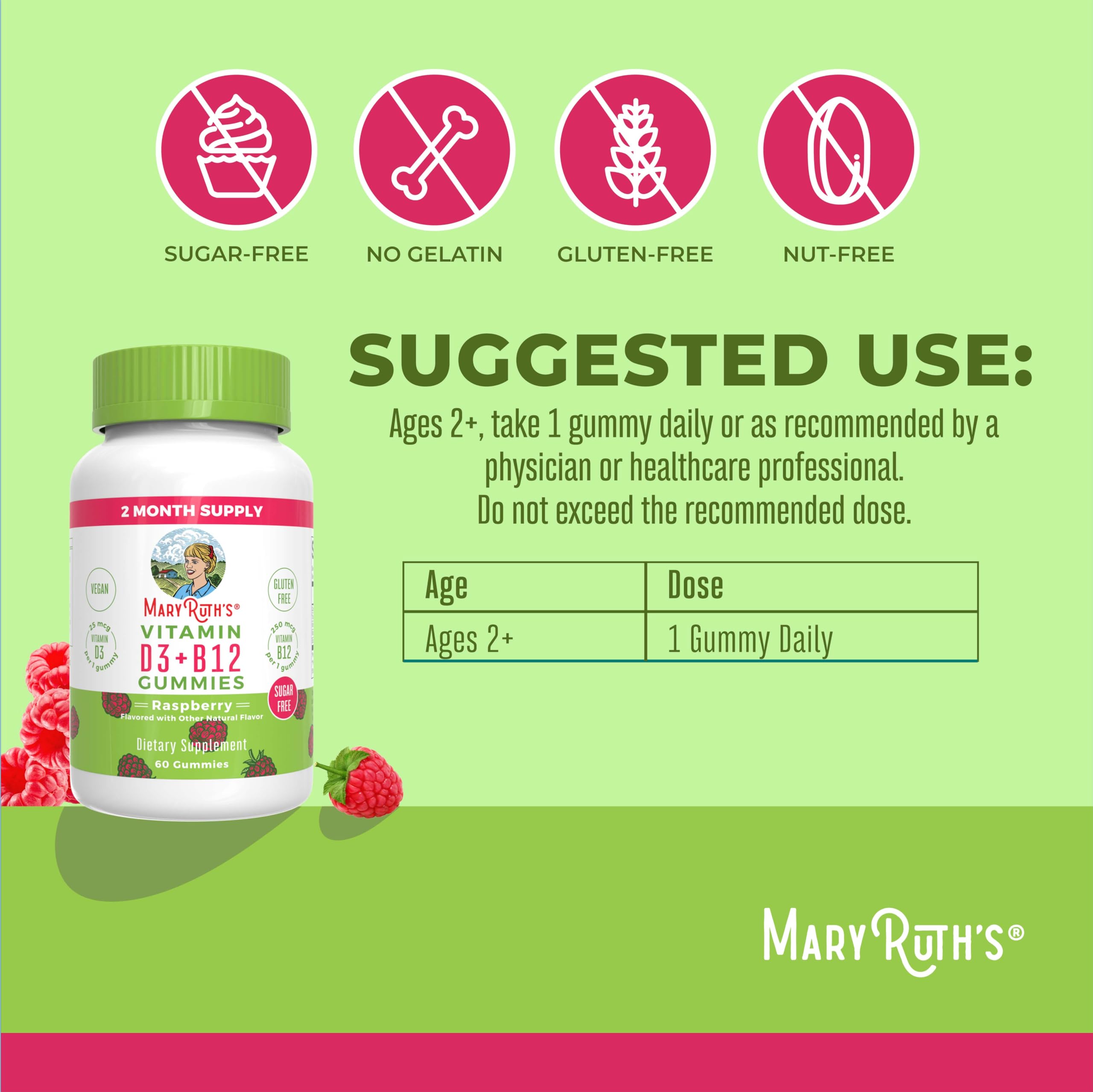 MaryRuth Organics Sugar Free | 2 Month Supply | Vitamin D & B12 Vitamin Supplements for Adults & Kids | Bone Health | Immune Support | Vegan | Non-GMO | 60 Servings MARYRUTH'SUS supplements
