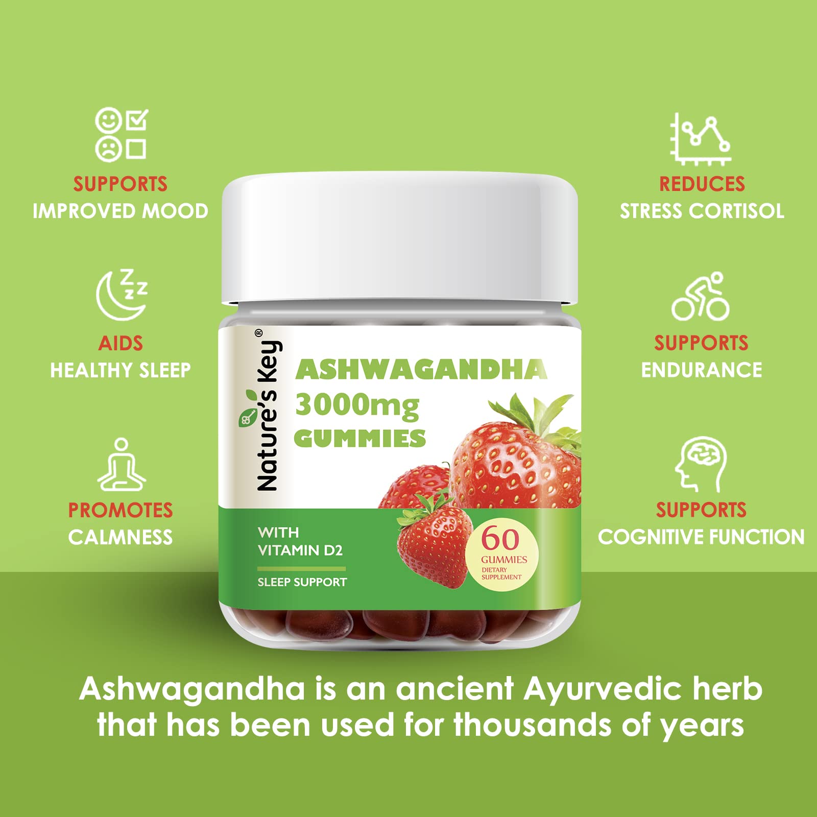 Nature's Key Ashwagandha Gummies, 3000mg High Potency Ashwagandha Root Extract with Vitamin D2, Stress, Calm Mood & Cognition, for Men & Women, Strawberry Flavor (60 Count (Pack of 1) Nature's KeyAu supplements