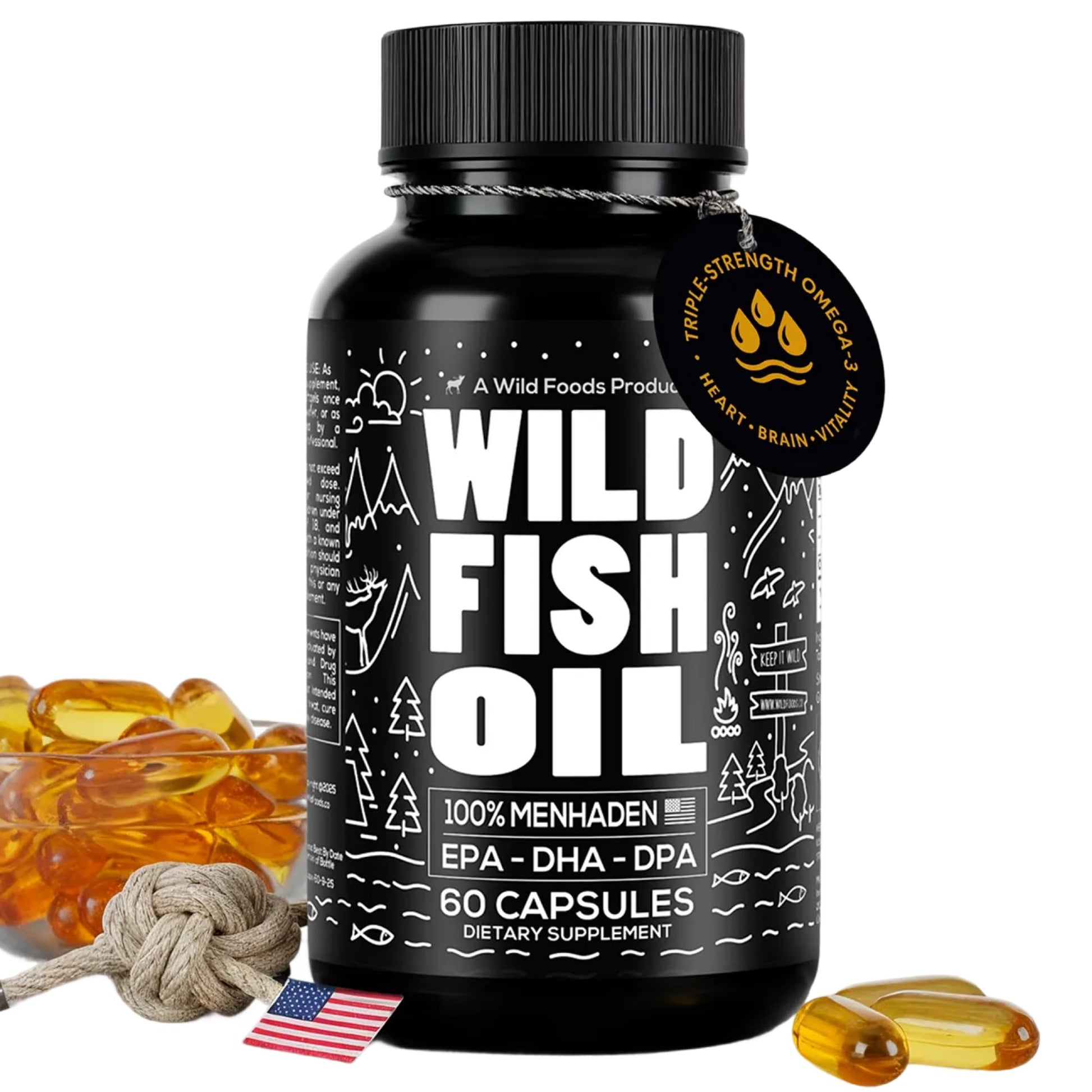 Wild Foods Fish Oil Omega 3 Supplements | 1600 mg | Highly-Potent: DPA, DHA, EPA | Burpless, Odorless, Non-GMO, Gluten Free | For Brain & Heart Health, Joint Support | 60 Capsules (1 pk) | 30 Servings Wild FoodsAu supplements