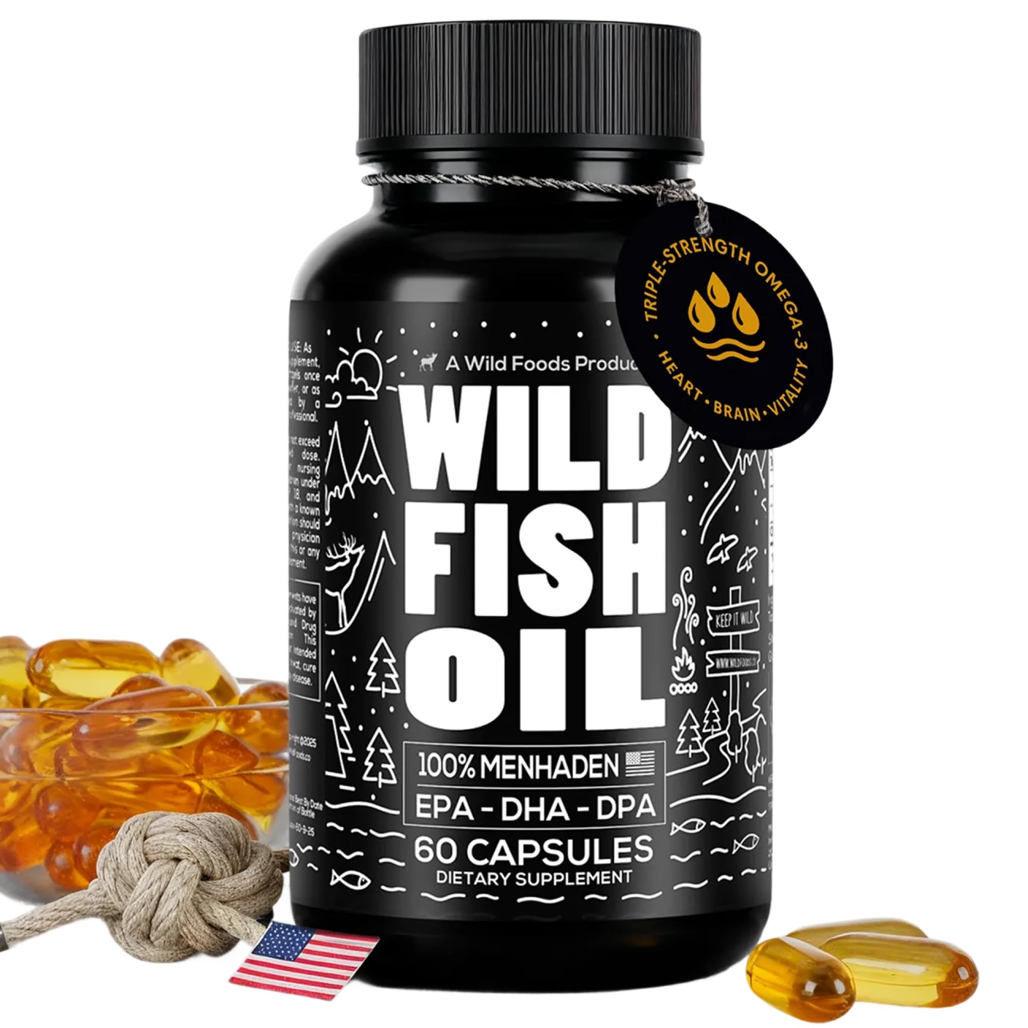 Wild Foods Fish Oil Omega 3 Supplements | 1600 mg | Highly-Potent: DPA, DHA, EPA | Burpless, Odorless, Non-GMO, Gluten Free | For Brain & Heart Health, Joint Support | 60 Capsules (1 pk) | 30 Servings Wild FoodsAu supplements