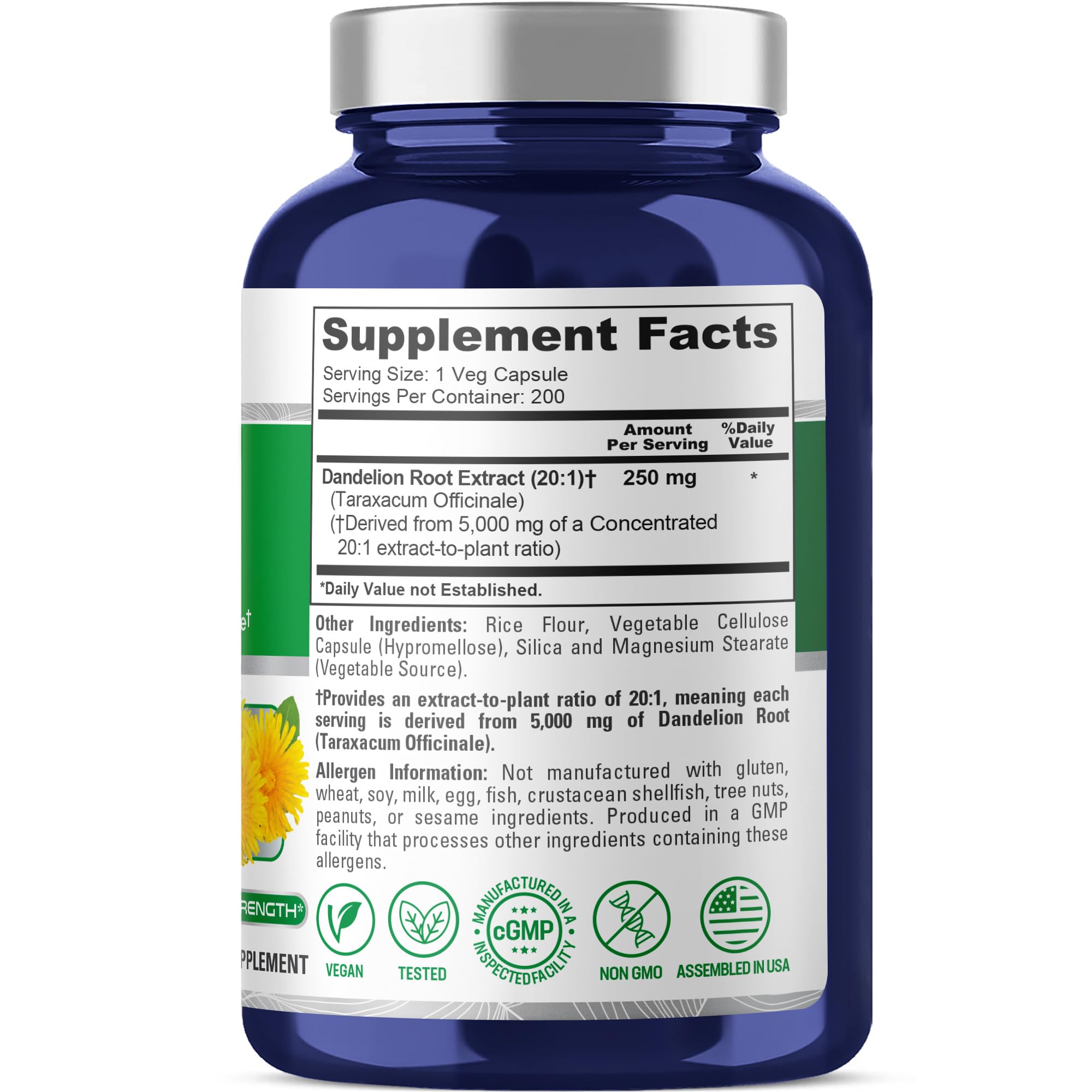 NusaPure Dandelion Root 20:1 Extract, 250 mg Equivalent to 5000mg 200 Veg Capsules (Vegan, Non-GMO) NusaPureAu supplements