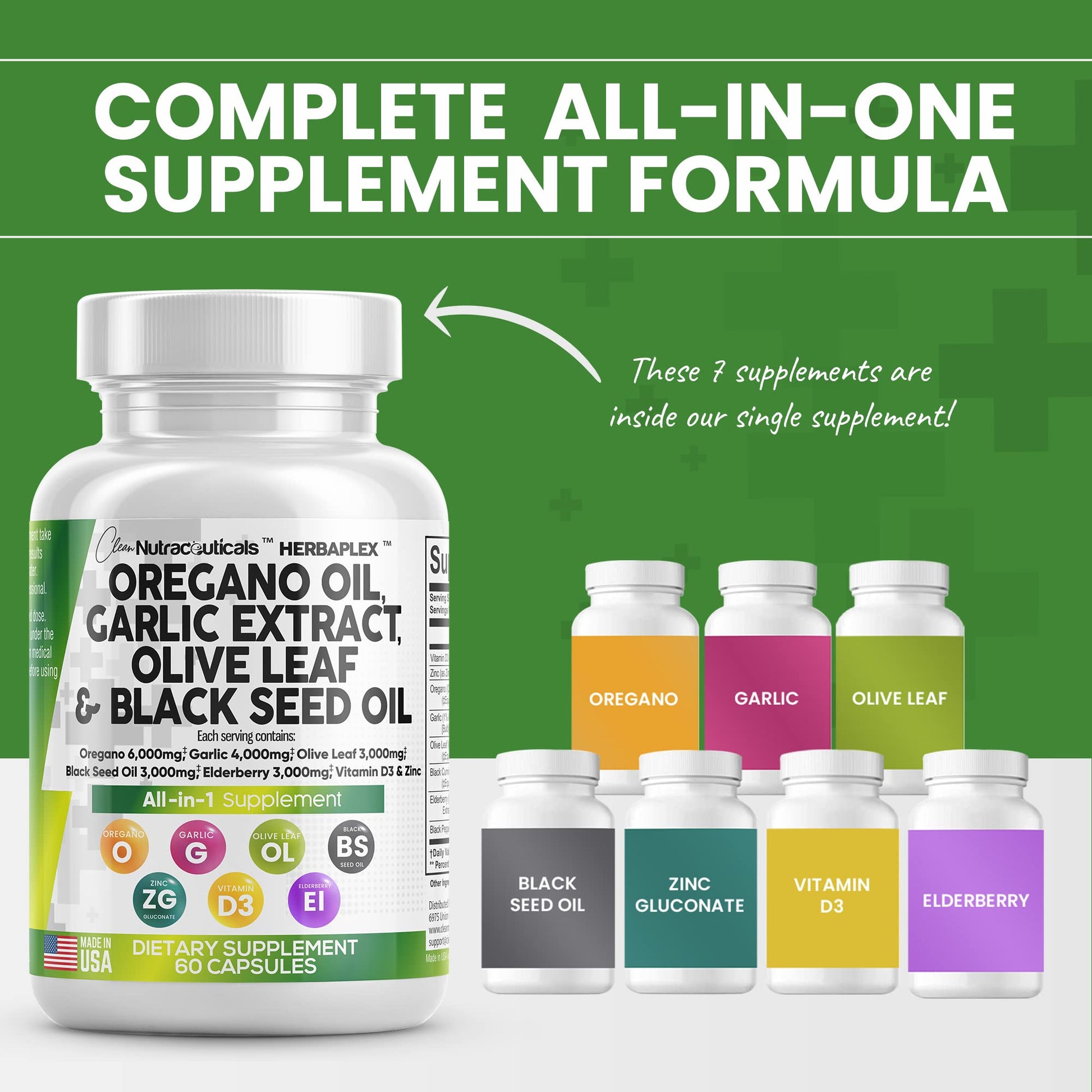 Oregano Oil 6000mg Garlic Extract 4000mg Olive Leaf 3000mg Black Seed Clean NutraceuticalsUS supplements