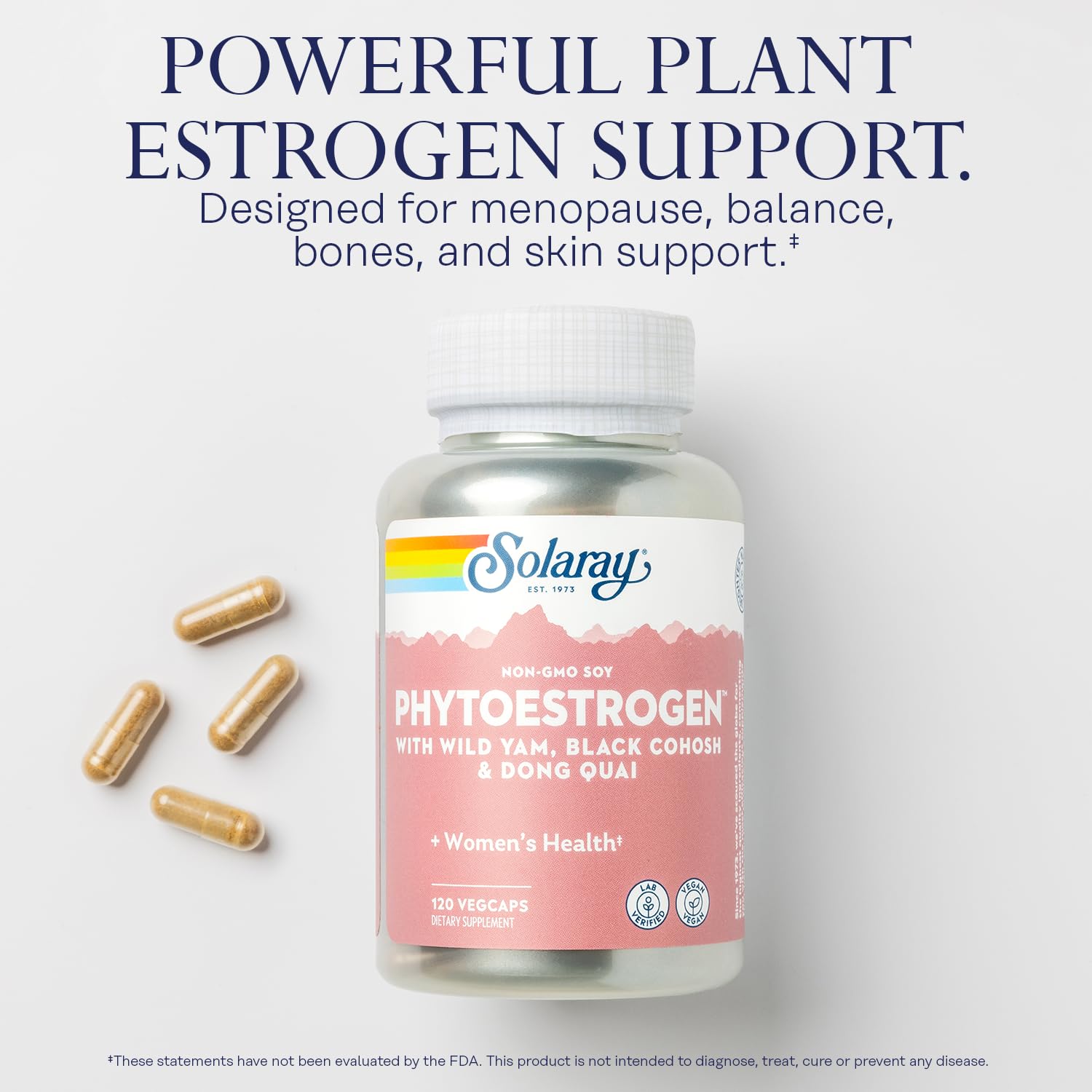 SOLARAY PhytoEstrogen Menopause Supplements - Wild Yam, Black Cohosh, and Dong Quai Estrogen Pills for Women's Health - Vegan, Lab Verified, 60-Day Guarantee (30 Servings, 120 VegCaps) SOLARAYAu supplements