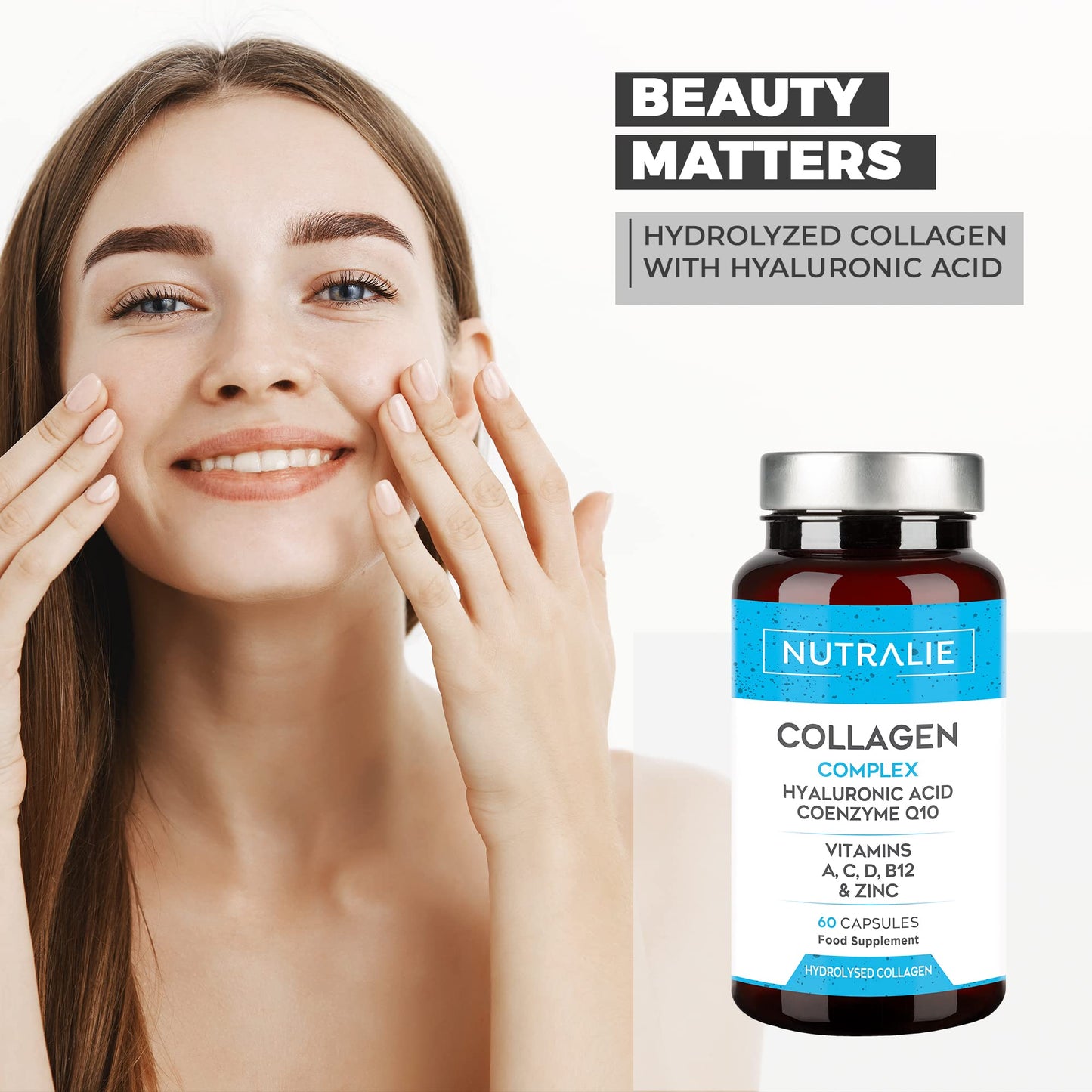 Collagen + Hyaluronic Acid + Q10 Hydrolysed Collagen Women Men + Vitamins A C D B12 Zinc NUTRALIEUS supplements