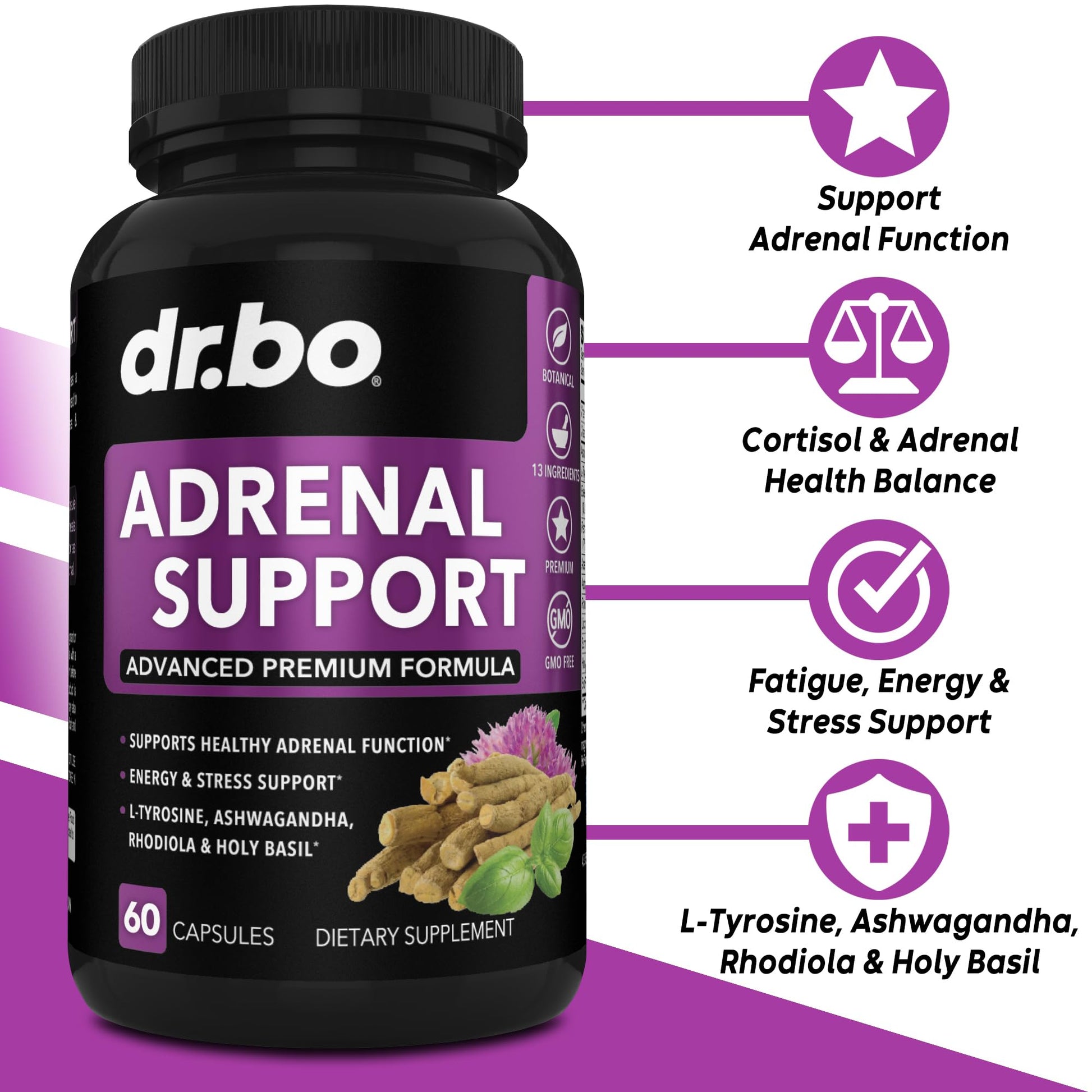 Adrenal Support Cortisol Manager Supplement - Adrenal Fatigue Supplements for Women & Men with Natural Adaptogen Ashwagandha Holy Basil Rhodiola L Tyrosine Complex Fatigue Cortisol Health - 60 Pills DR. BOAu supplements