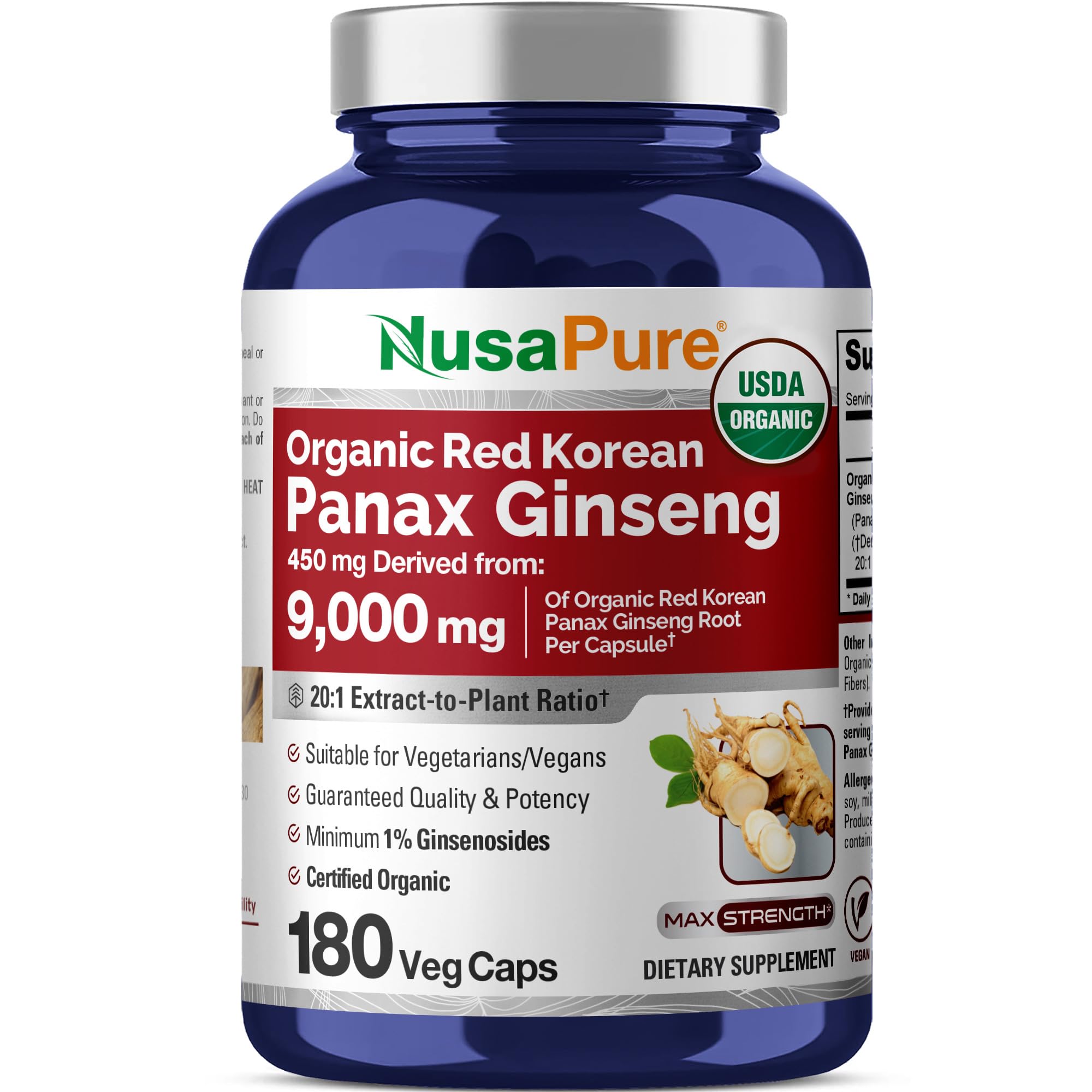 NusaPure Red Korean Panax Ginseng 20:1 Extract, 450 mg Equivalent to 9,000 mg 180 Veggie Caps (USDA Organic, Non-GMO, Vegan, Vegetarian, Bioperine) NusaPureAu supplements