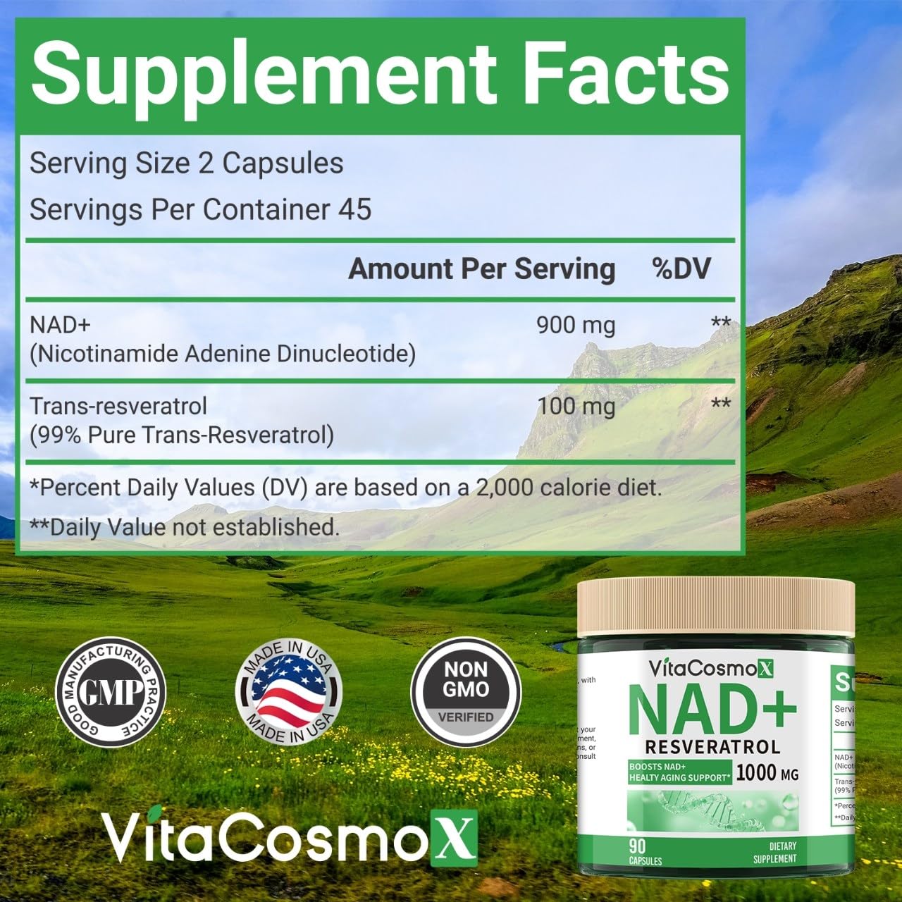 VitaCosmoX NAD+ with Resveratrol Similar to Nicotinamide Riboside Supplement, 1000 mg, 90 Capsules Vegan Non-GMO VitaCosmoXAu supplements