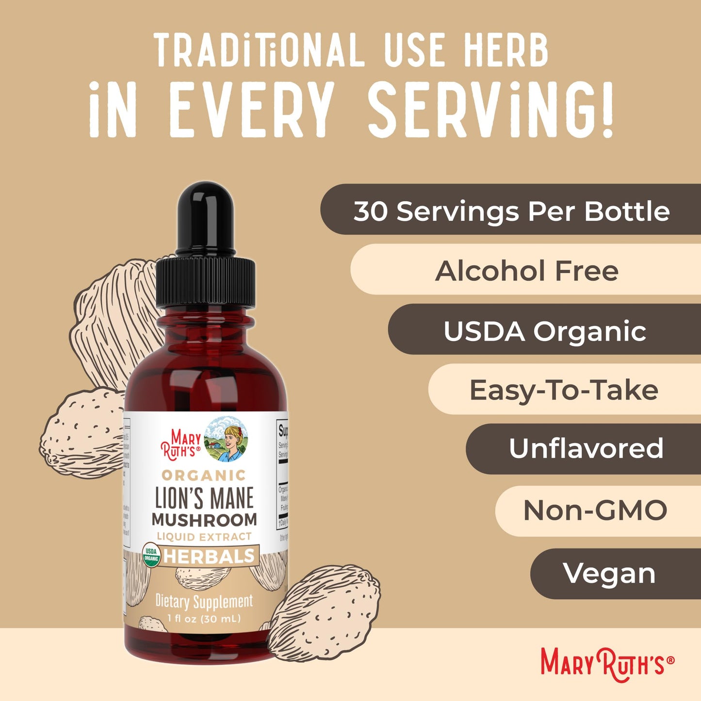 MaryRuth Organics Lions Mane Mushroom Supplement, Up to 1 Month Supply, Nootropic USDA Organic Lions Mane Extract Nervine Herbal Liquid Drops, Brain Health Non-GMO MARYRUTH'SUS supplements