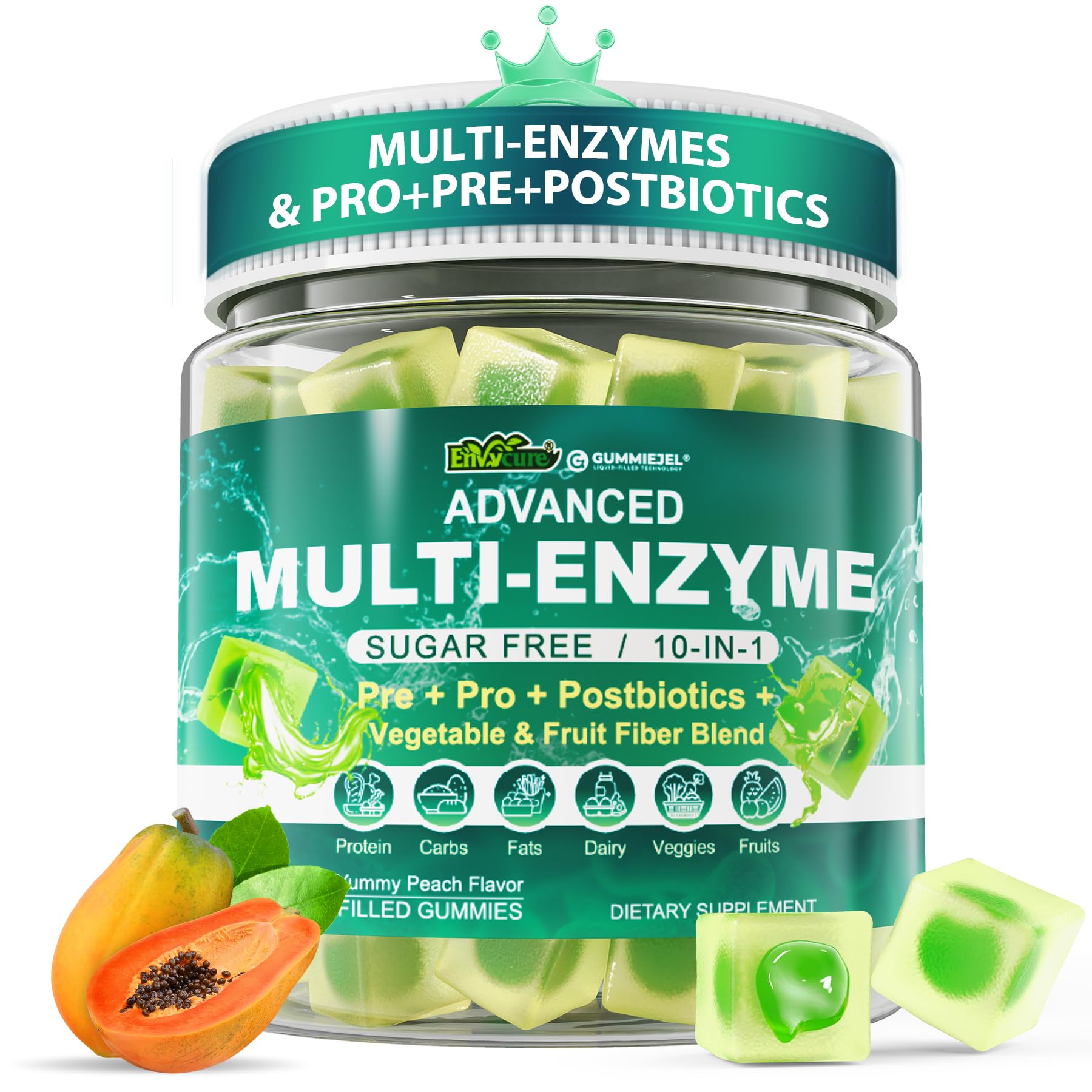 Digestive Enzymes Gummies for Women & Men, Multi-Enzymes with 90Billion CFU Probiotics and Prebiotics & Postbiotic, Vegetable & Fruit Fiber Blend, Super Enzymes for Digestive & Gut Health,Immune,60Cts EnvyCureAu supplements