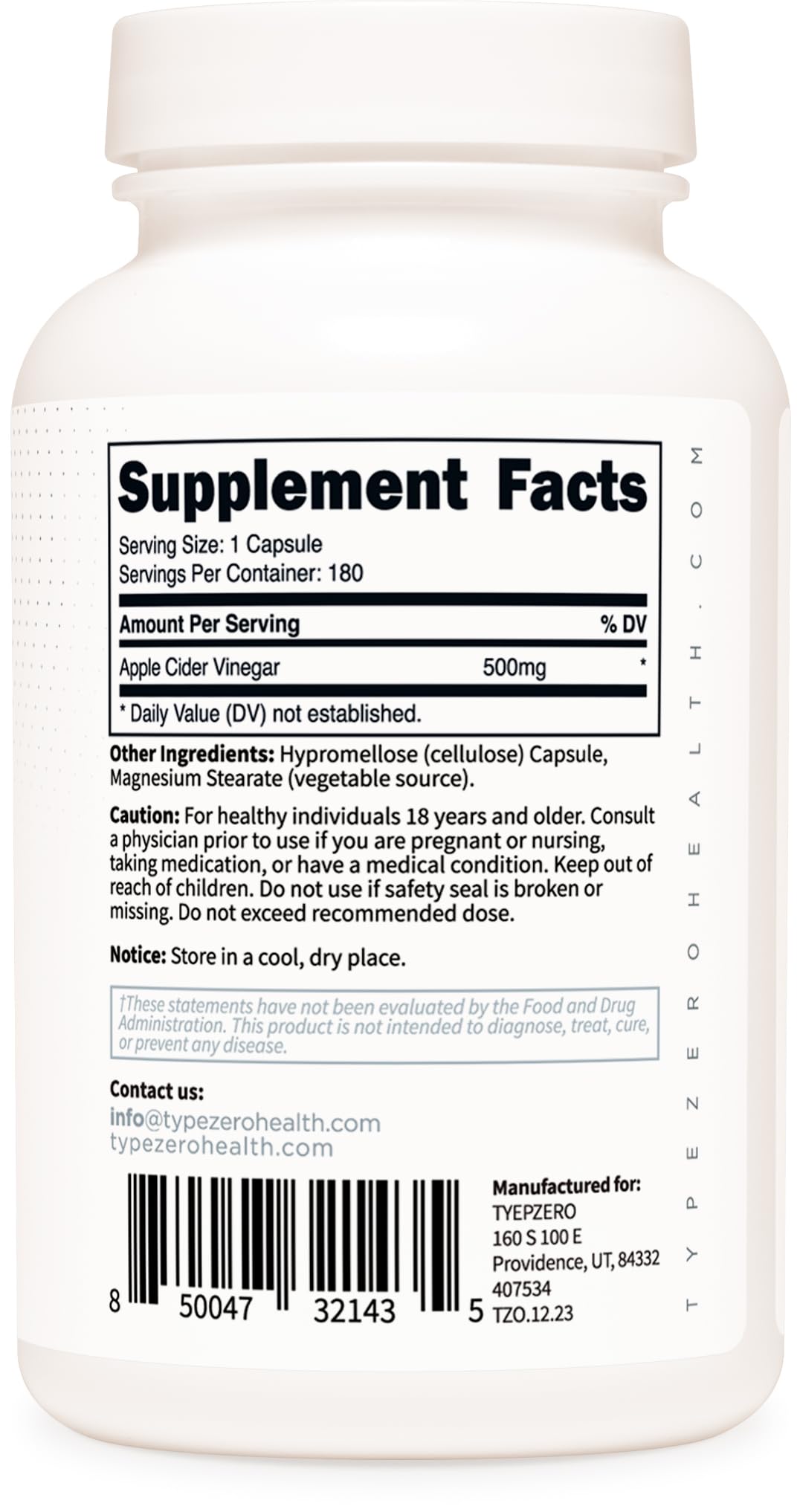 Type Zero Apple Cider Vinegar Capsules (180 Count) 500mg Per Serving - Non-GMO, Gluten-Free Supplement Type ZeroUS supplements