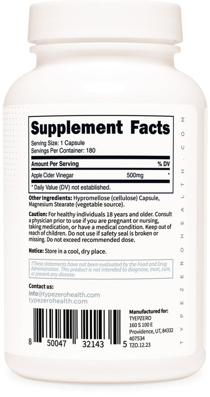 Type Zero Apple Cider Vinegar Capsules (180 Count) 500mg Per Serving - Non-GMO, Gluten-Free Supplement Type ZeroUS supplements