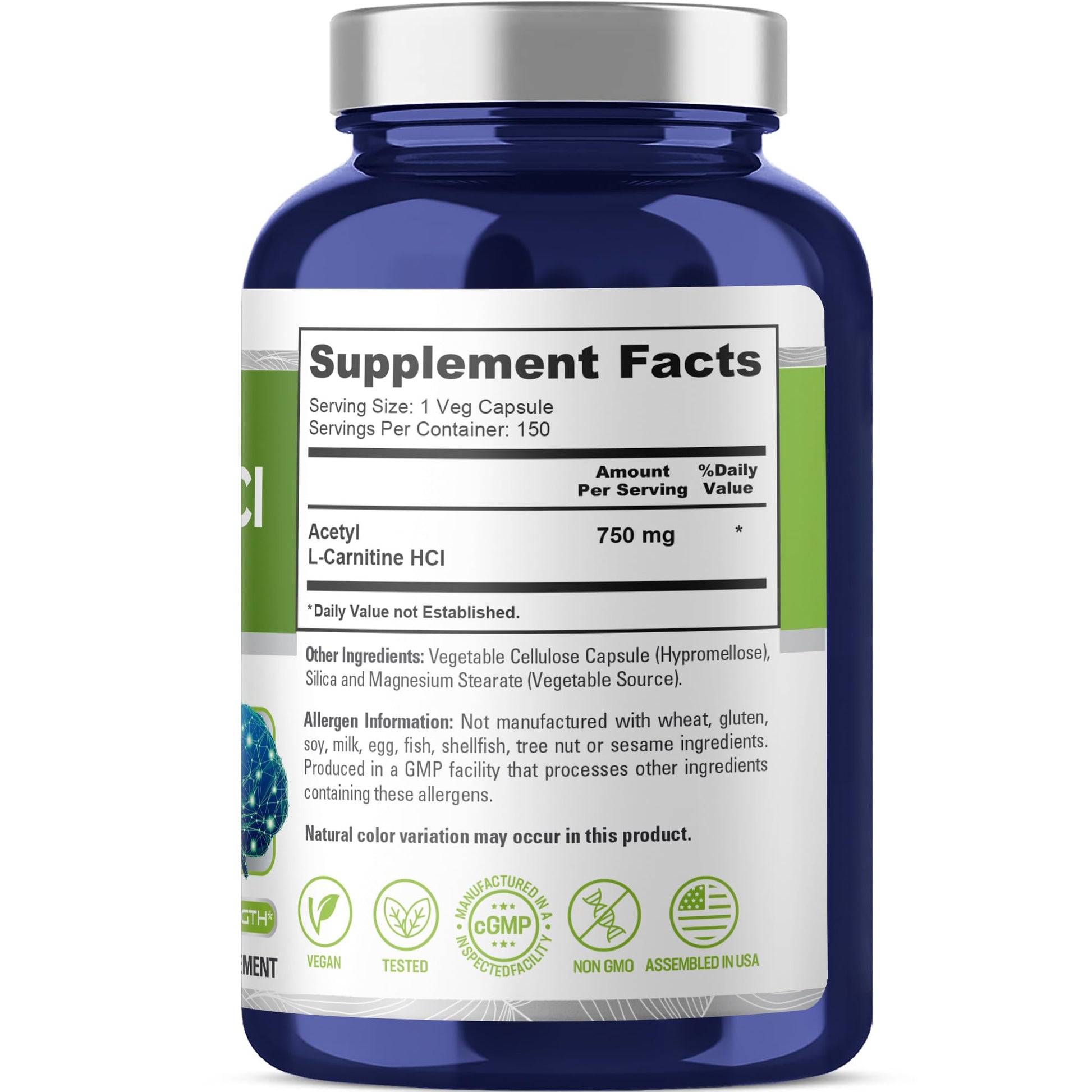 NusaPure Acetyl L-Carnitine 750mg per Caps 150 Veggie Capsules (Non-GMO, Vegan) High Potency Acetyl L Carnitine HCL (ALCAR) NusaPureAu supplements