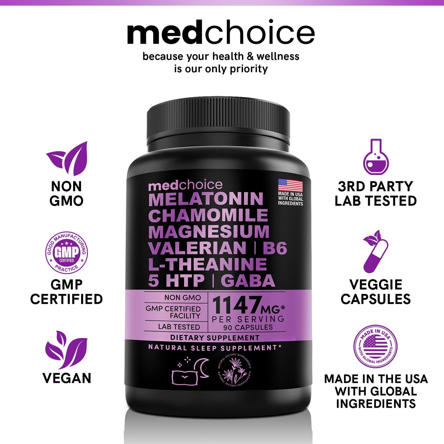 10-in-1 Melatonin Capsules - Melatonin 5mg Natural Sleep Aid for Adults MEDCHOICEUS supplements