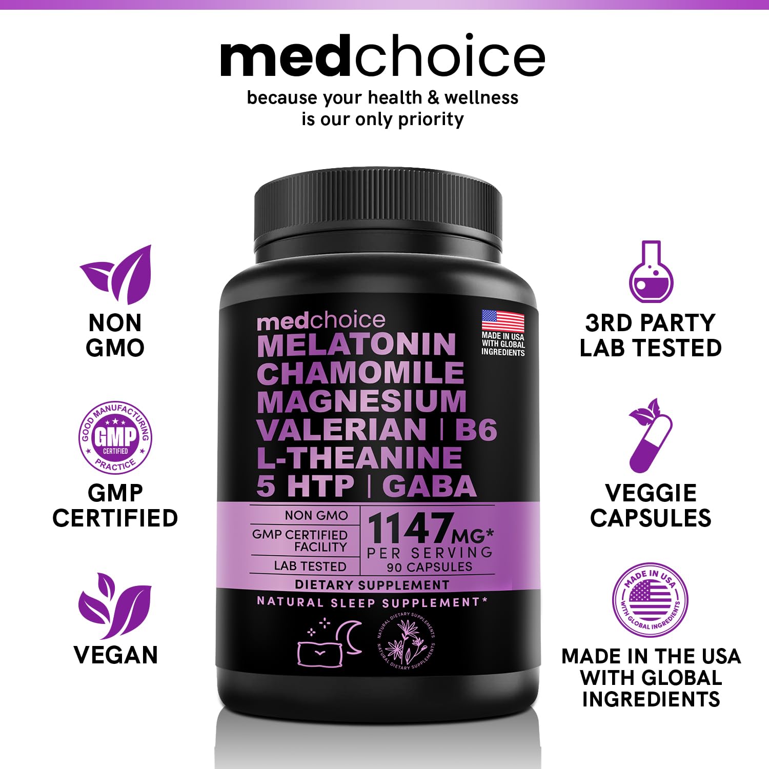10-in-1 Melatonin Capsules - Melatonin 5mg Natural Sleep Aid for Adults MEDCHOICEUS supplements